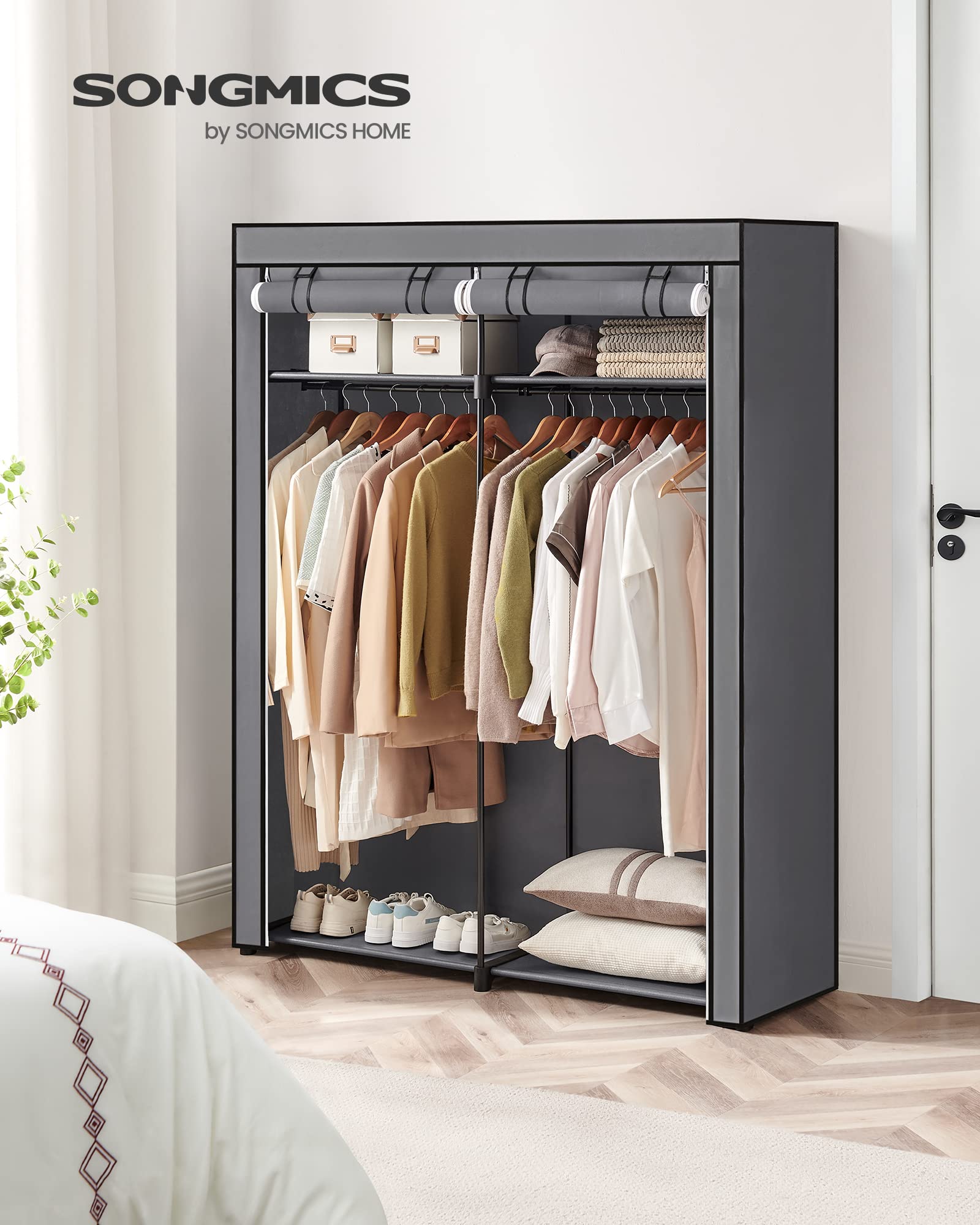 Songmics RYG02GY Wardrobe with 2 Clothes Rails, Clothes Storage, Fabric Wardrobe, Clothes Rack, Folding, for Dressing Room, Bedroom 43 x 140 x 174 cm,