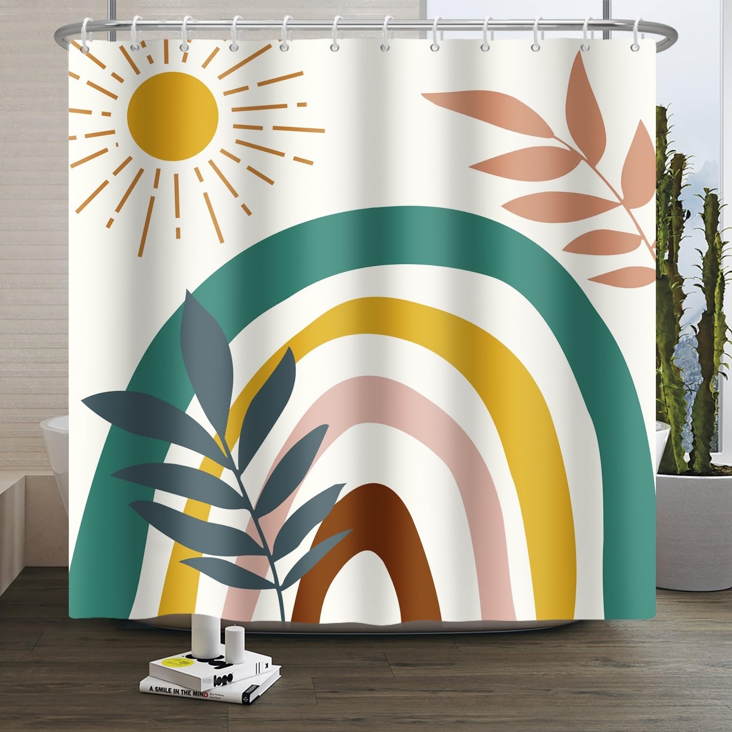 Xiaoterna 180x180cm Boho Shower Curtain Watercolor Geometric Stripes Sun Leaves Waterproof Polyester Bathroom Curtain Modern Minimalist Art Farmhouse