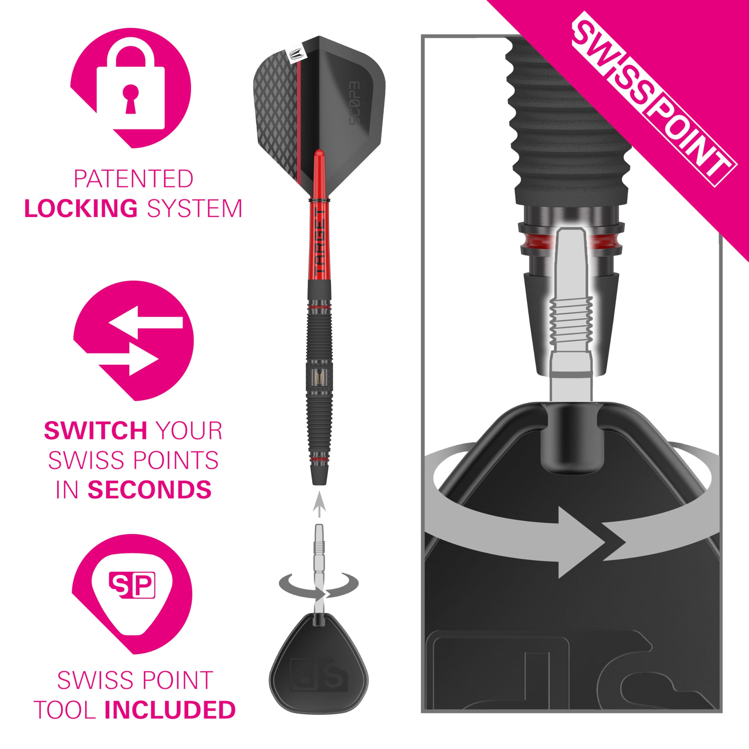 TARGET Darts Scope Steel Tip Swiss Point Darts, 90% Tungsten Dart Set, Barrel 04-24G | Steel Tip Dart Sets, Red & Black Darts, Professional Dart Set