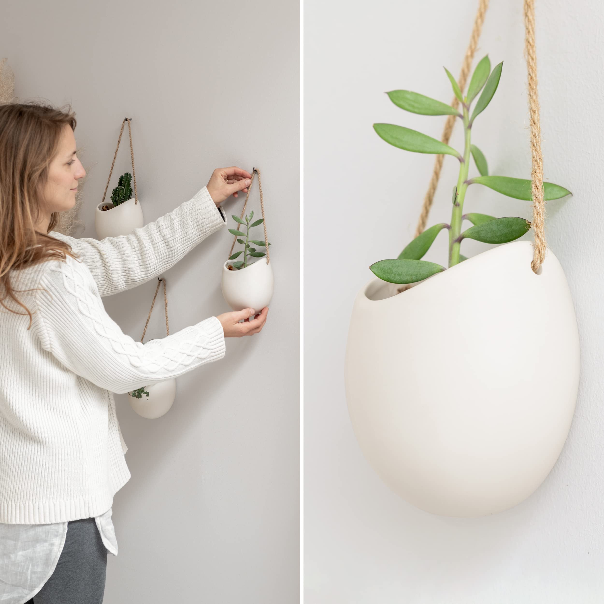 Kazai. Wall Planters -Ellie- | Hanging Ceramic Plant Pots, 3 Pieces, for Succulents and more | Wall Decoration for Indoors, Balcony and Garden | Cream
