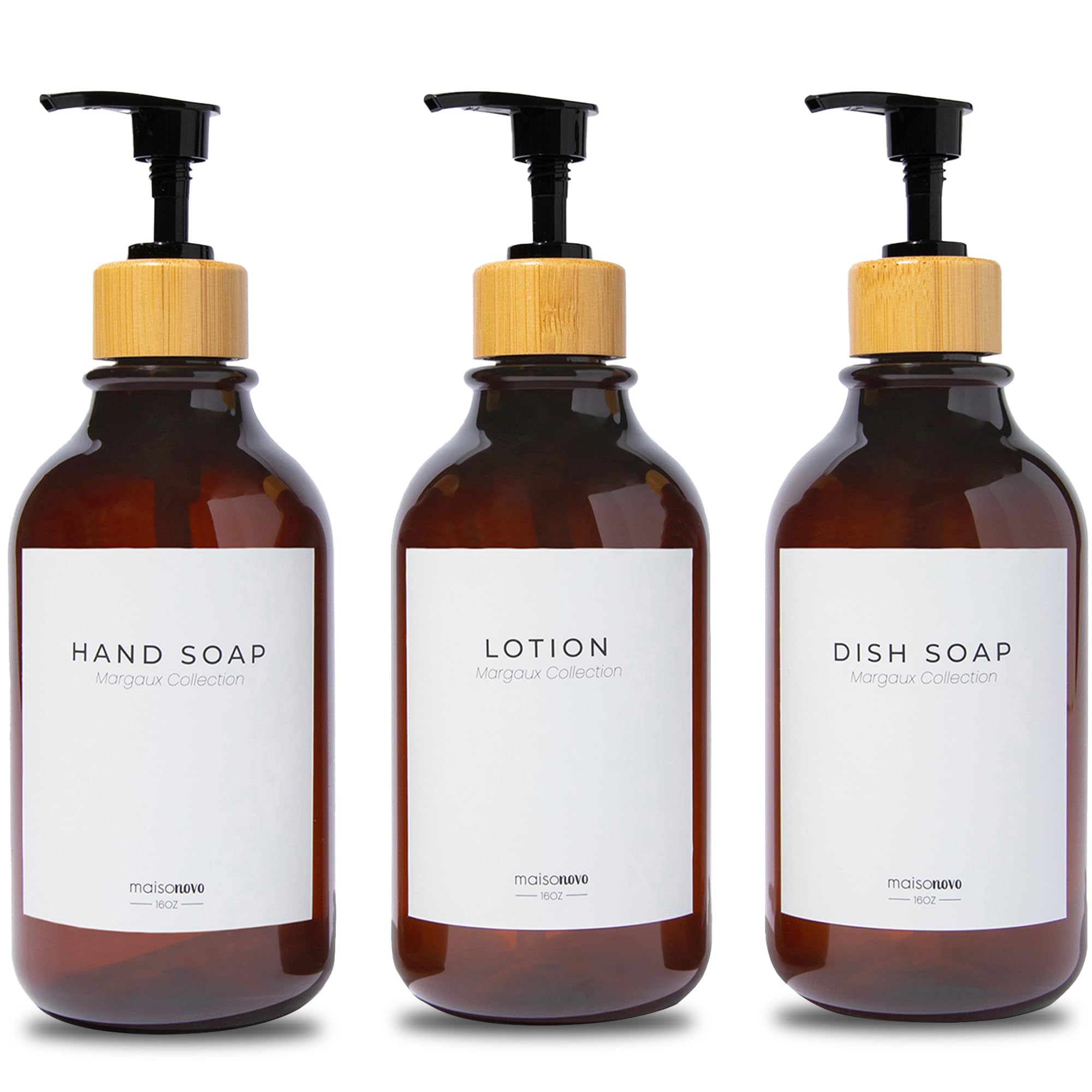 MaisoNovo Refillable Shampoo and Conditioner Bottles | 500 ml Set of 3 Amber Plastic Bottles Black Bamboo Pumps