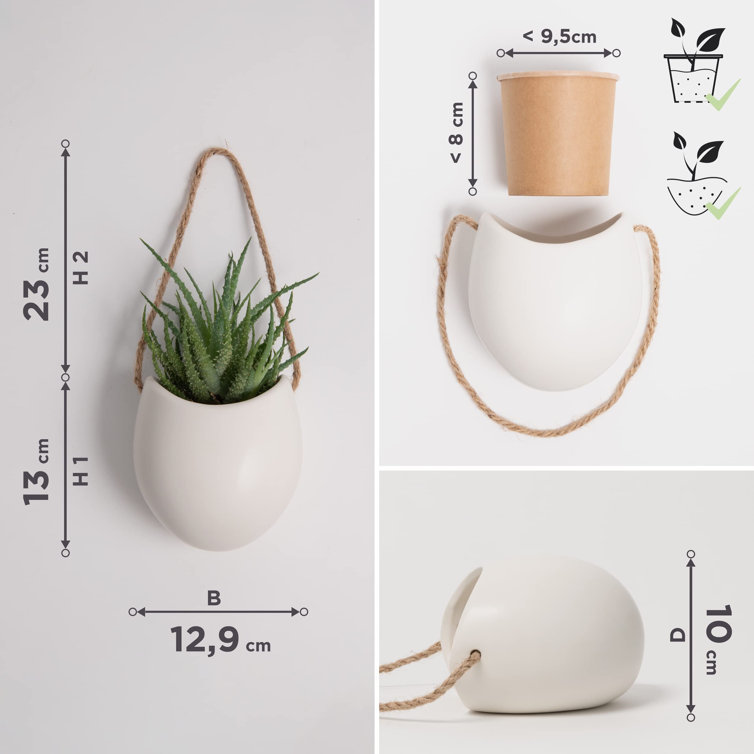 Kazai. Wall Planters -Ellie- | Hanging Ceramic Plant Pots, 3 Pieces, for Succulents and more | Wall Decoration for Indoors, Balcony and Garden | Cream