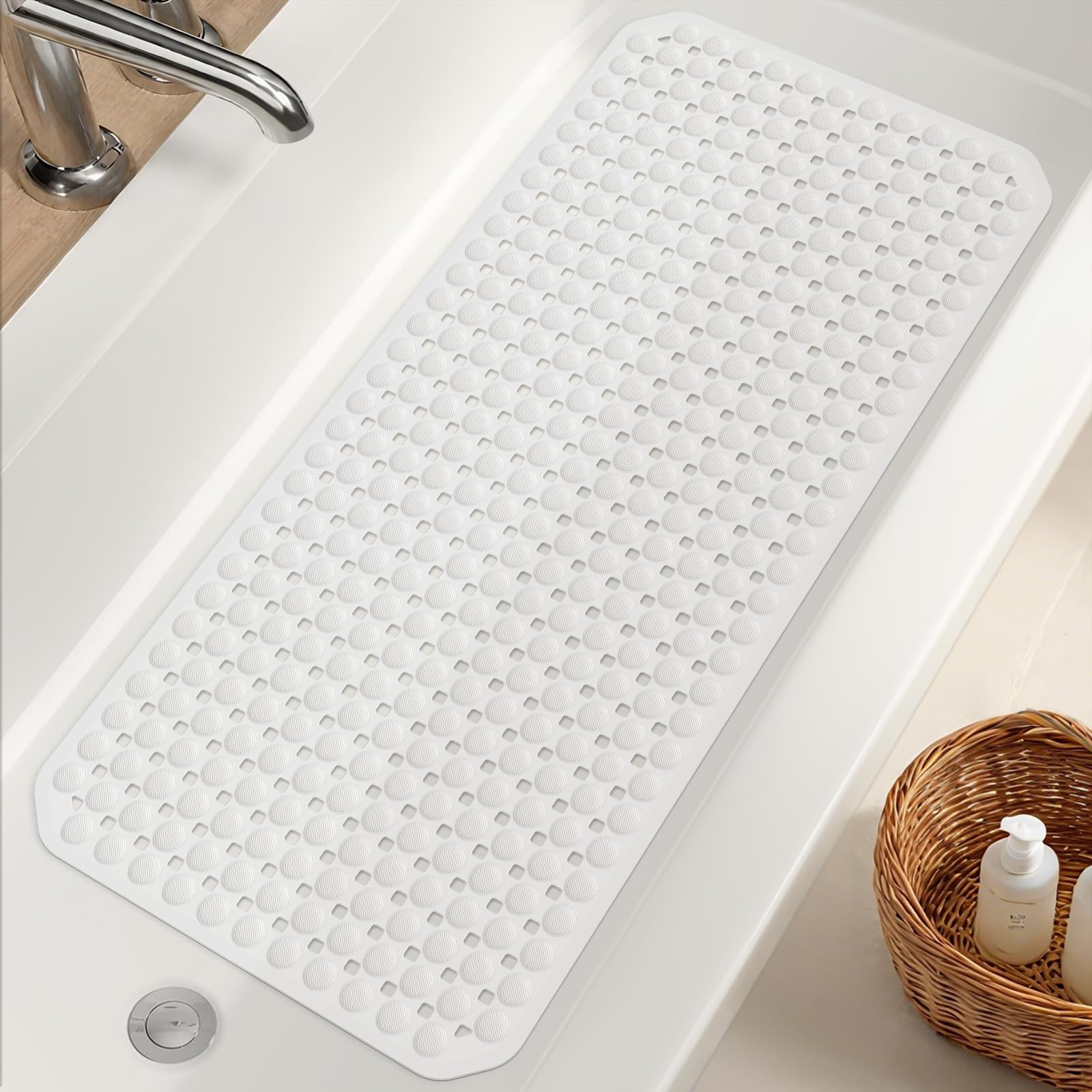 OTHWAY Bathtub Mat 41 x 91cm, TPE Shower Bath Mat Non-Slip with Sution Cups & Drain Holes, Machine Washable Shower Floor Mat for Inside Shower, Soft