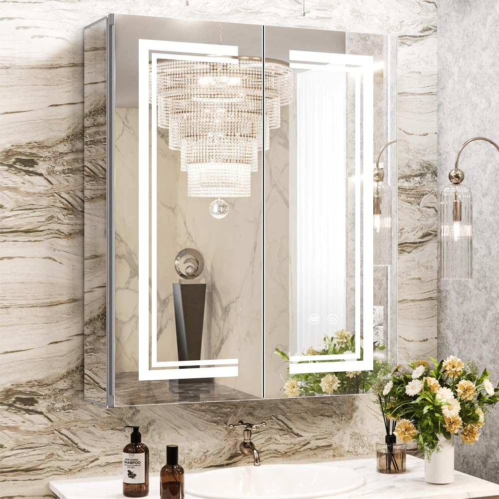Janboe High-End Led Mirror Cabinet,Mirror Cabinet with Light,3 Colors&Dimmable,Demister,Lighted Glass Shelf,USB Shaver Socket.Surface Mount or Recess