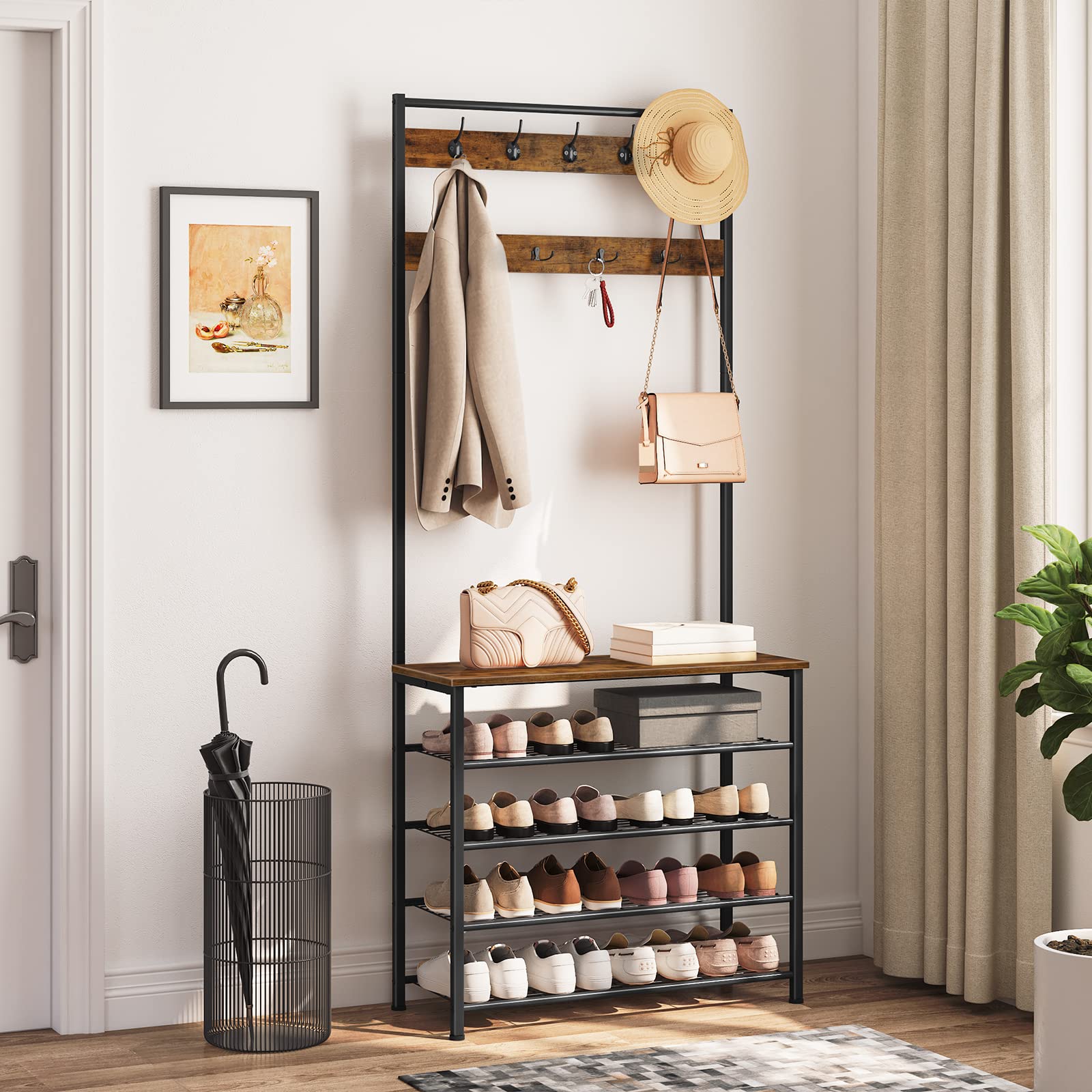 HOOBRO Coat Stand, Coat Rack with Shoe Storage, Free Standing Hall Tree with 9 Hooks, Shoe and Coat Rack for Hallway, Entryway, Metal Frame, Sturdy,