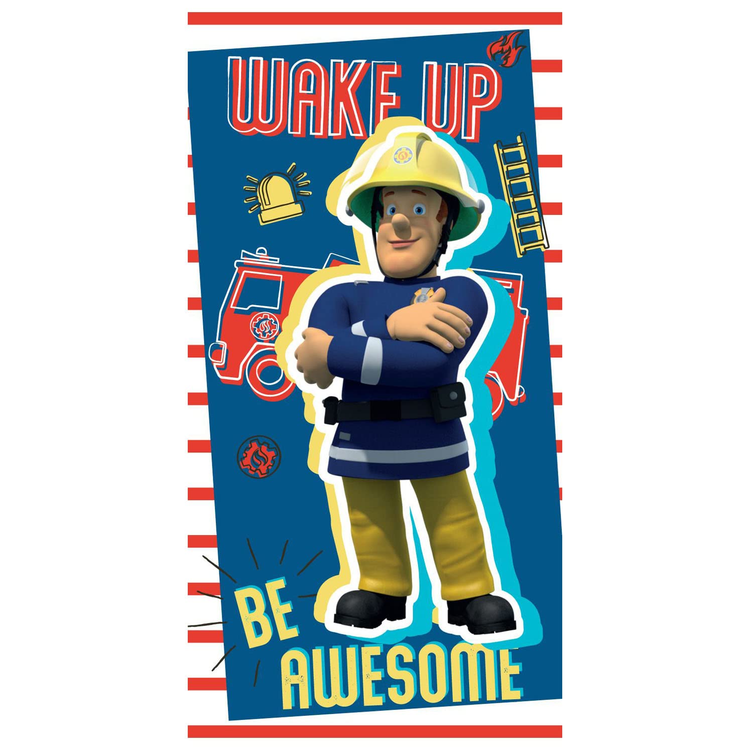 Beach Towel, Bath Towel, Fireman Sam Wake Up Be Awesome Fire Ladder Fire Siren 70 x 140 cm 100% Cotton