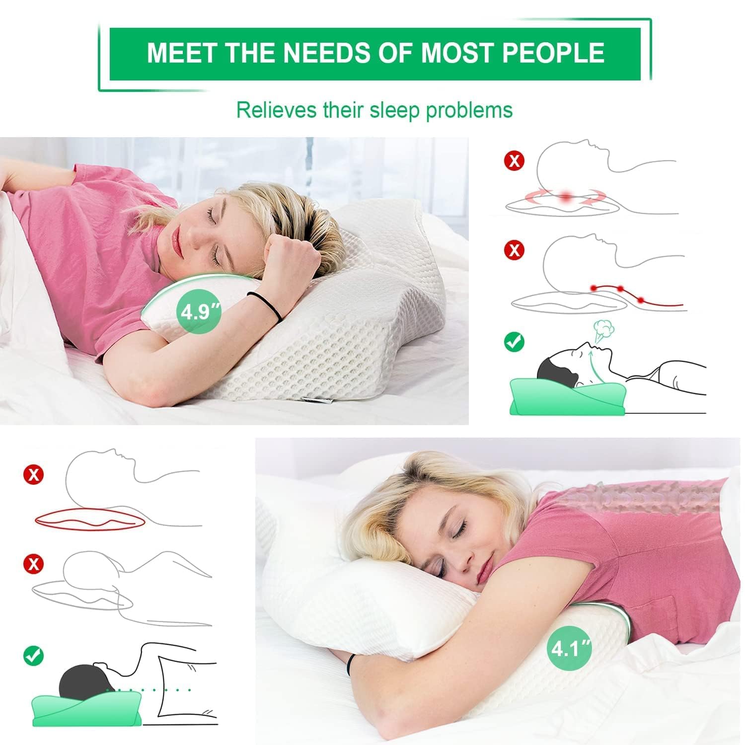 Elviros Cervical Memory Foam Pillow for Neck Pain Orthopedic Neck Pillow for Shoulder Pain Ergonomic Head Neck Support Pillow for Side/Back/Stomach