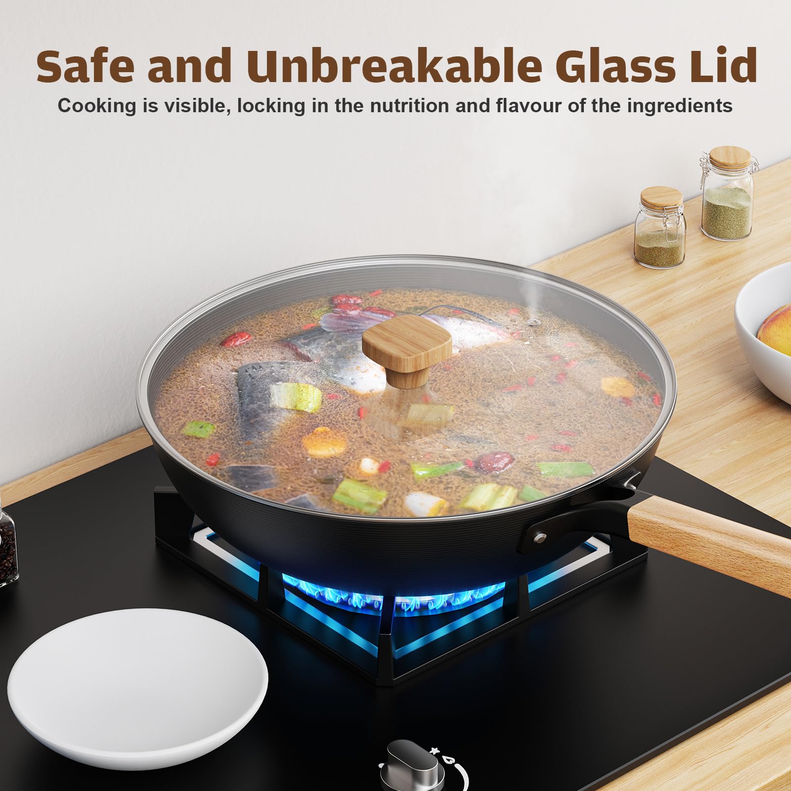 Jobin Wok with Lid Non Stick 30cm Carbon Steel Wok for Everyday Cooking Frying Pan Ideal for 3-5 People for Induction, Gas, All Hobs