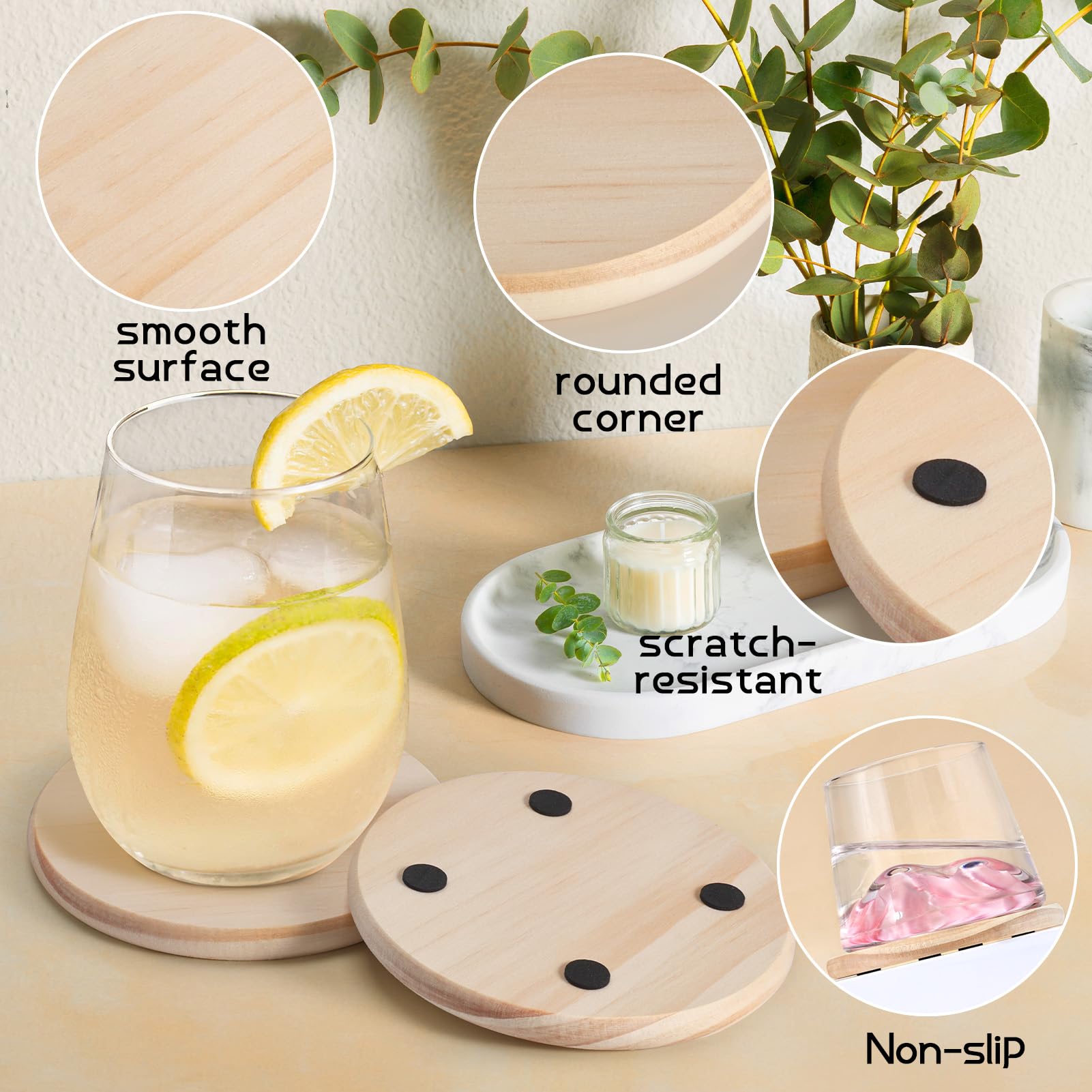 48 Pieces Unfinished Wood Coasters-Solid Wood Panel, GOH DODD 4 Inch Wooden Blanks with Foot Pads for Crafts Laser Engraving Wood Burning Staining