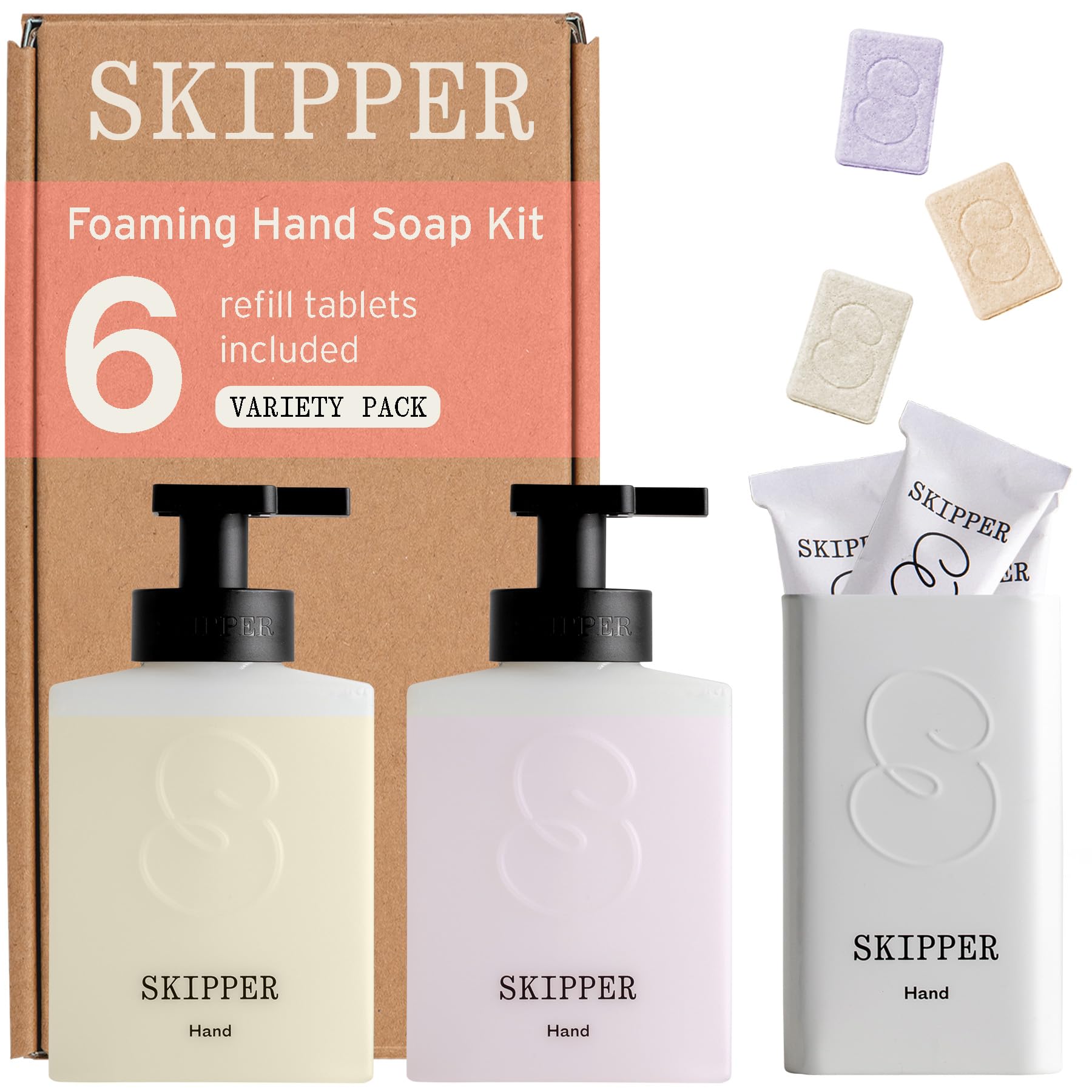 Tirtyl Skipper Hand Wash Duo Kit HDPE - 2 HDPE Recycled Plastic Foaming Dispensers + 6 Tablet Refills (6x 250ml bottles of soap) + 1 Storage Tin -