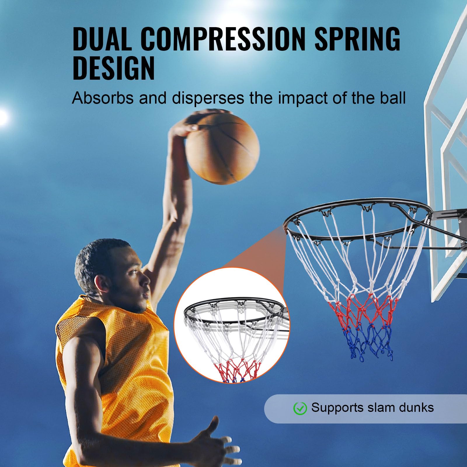 VEVOR Basketball Rim, Wall Door Mounted Basketball Hoop, Heavy Duty Q235 Basketball Flex Rim Goal Replacement with Net and Double Spring, Standard 18"