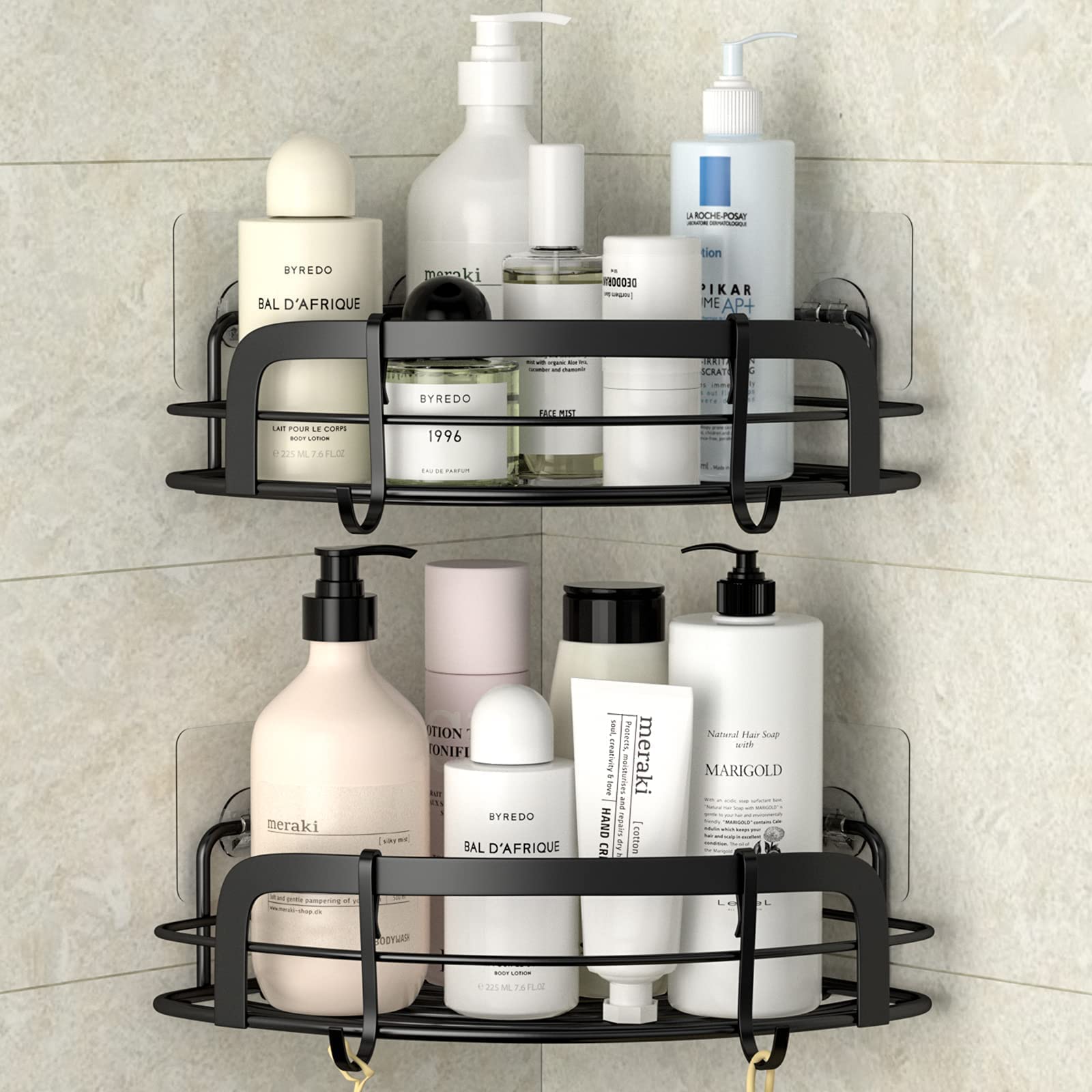 STEUGO Black Corner Shower Shelfs, Adhesive Wall Mounted Shower Caddy with 4 Movable Hooks, Rustproof Stainless Steel Bathroom Organizer, No Drilling
