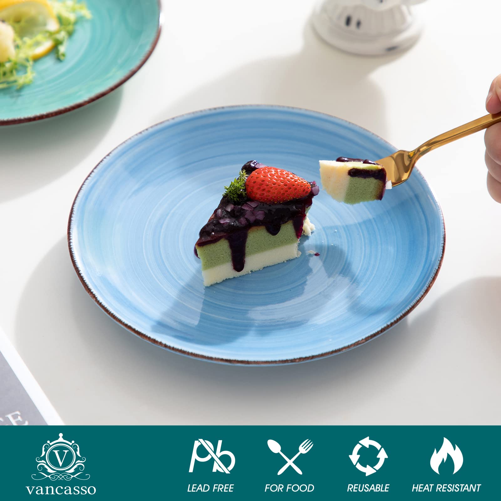 vancasso Bonita Blue Dessert Plate Set of 6, Handpainted Side Plate in Rustic Look Tableware, 7.5 inch Side/Salad/Fruit/Snack Plate(18.8 * 18.8 *