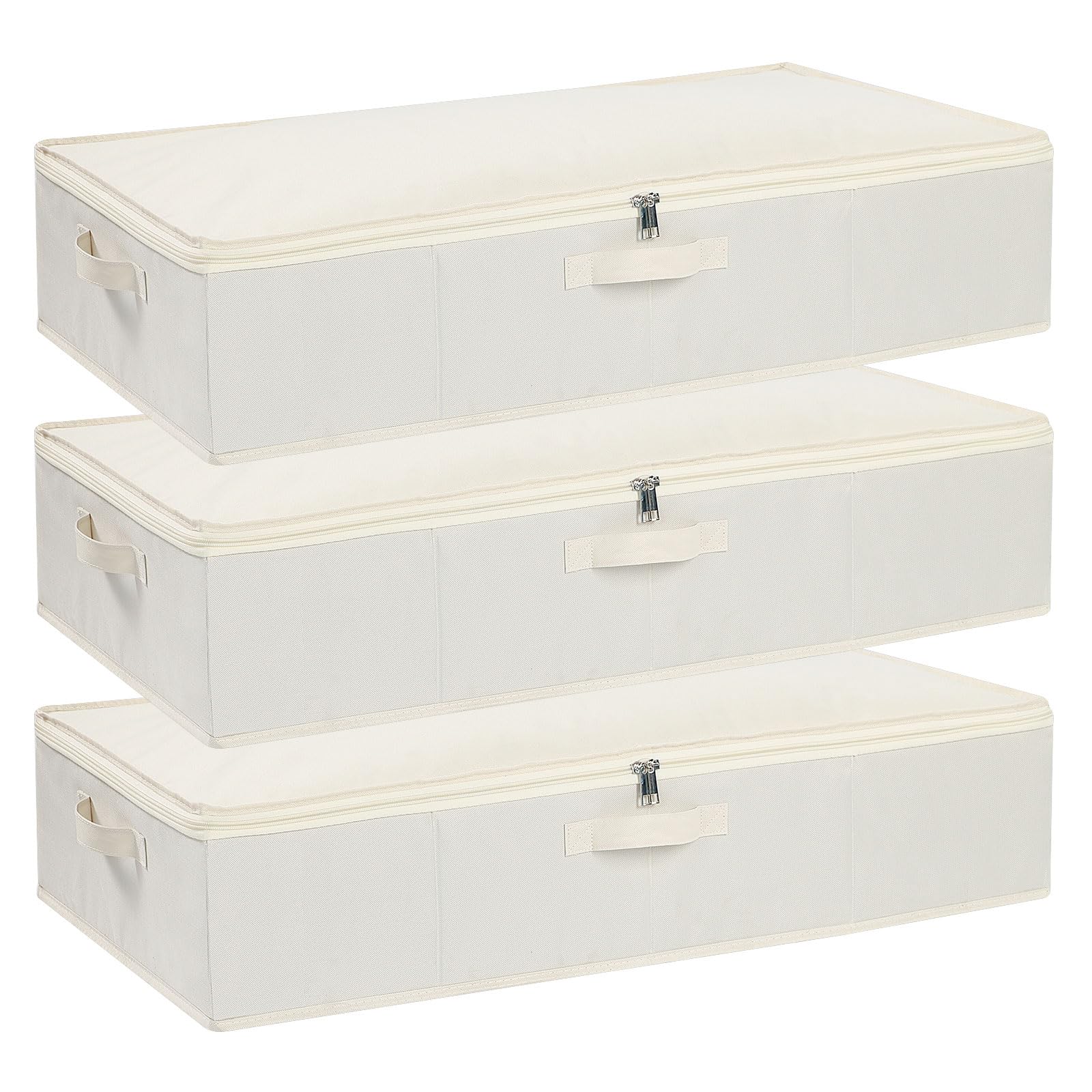 YheenLf 3-Pack Under Bed Storage Box with Lid, Foldable Wardrobe Organiser with Reinforced Handles for Blanket, Sheets, Clothing, Shoes, Beige,