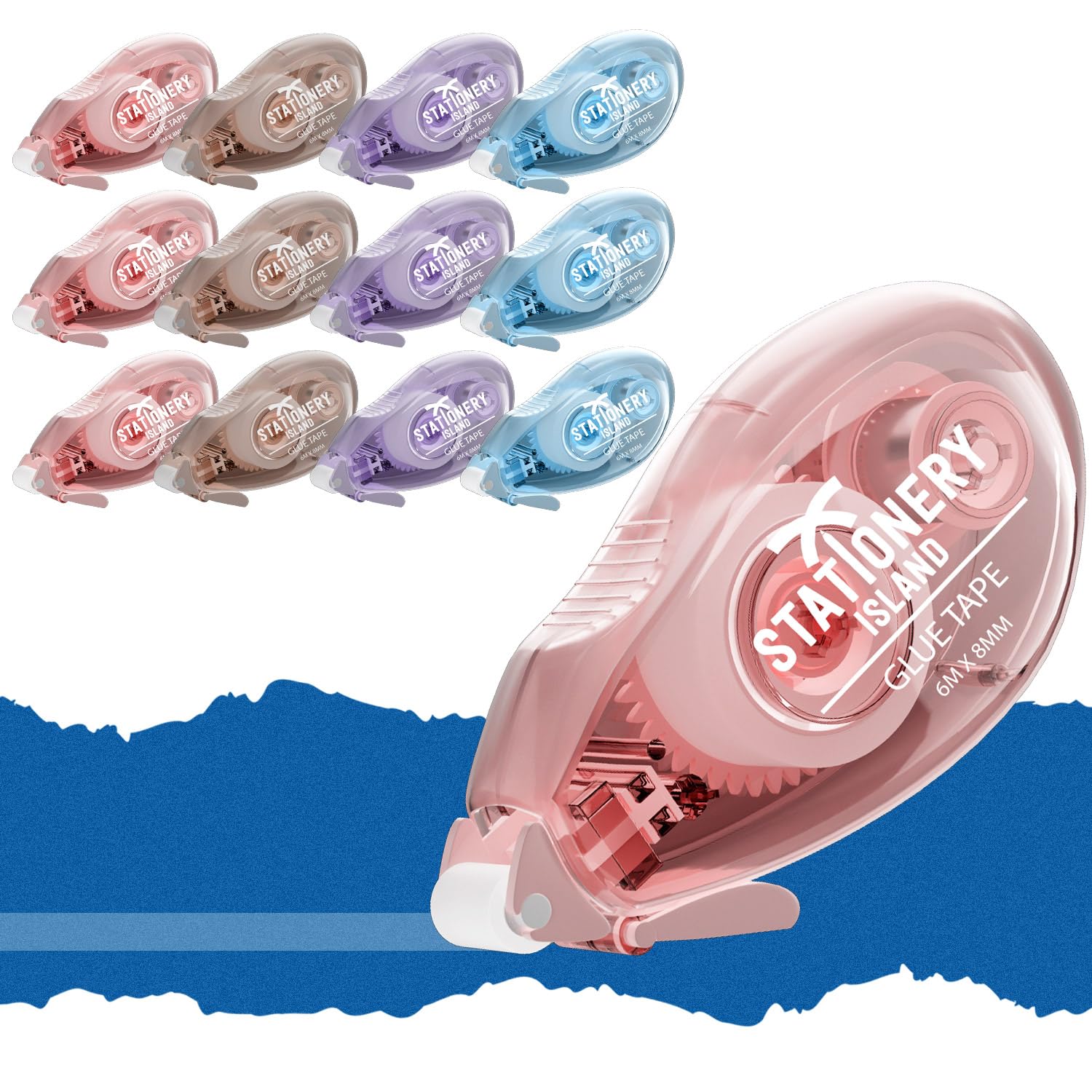 STATIONERY ISLAND Glue Tape Roller, 12 Pack Double Sided Tape Dispenser, Scrapbooking Supplies, 6mx8mm Adhesive Glue Roller Tape for Crafting, Cards,