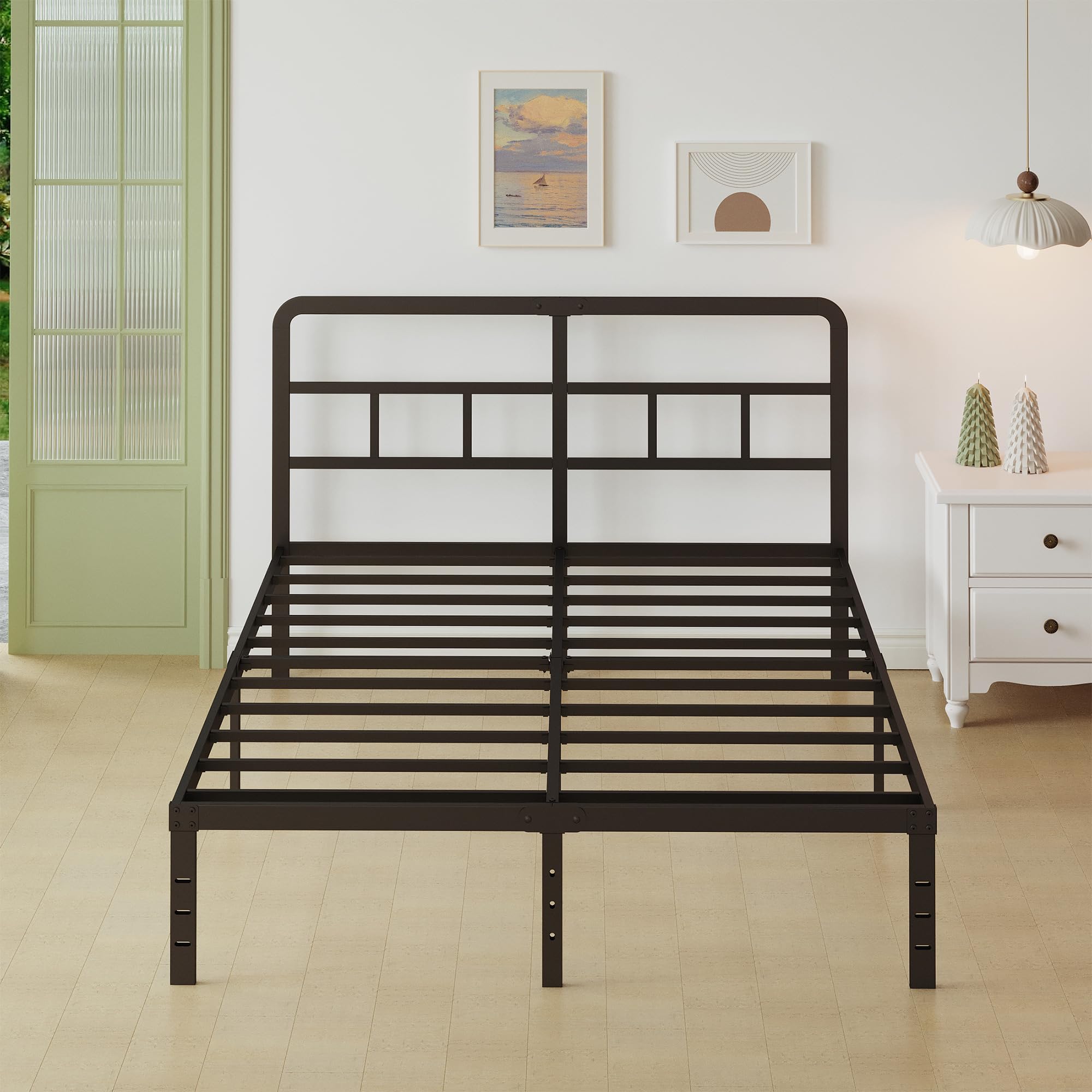 Lutown-Teen 36 cm High European Double Bed Frame 140 x 200 with Curved Headboard, Heavy Duty Metal Bed Frames 140x200 Double with Steel Slats, Storage