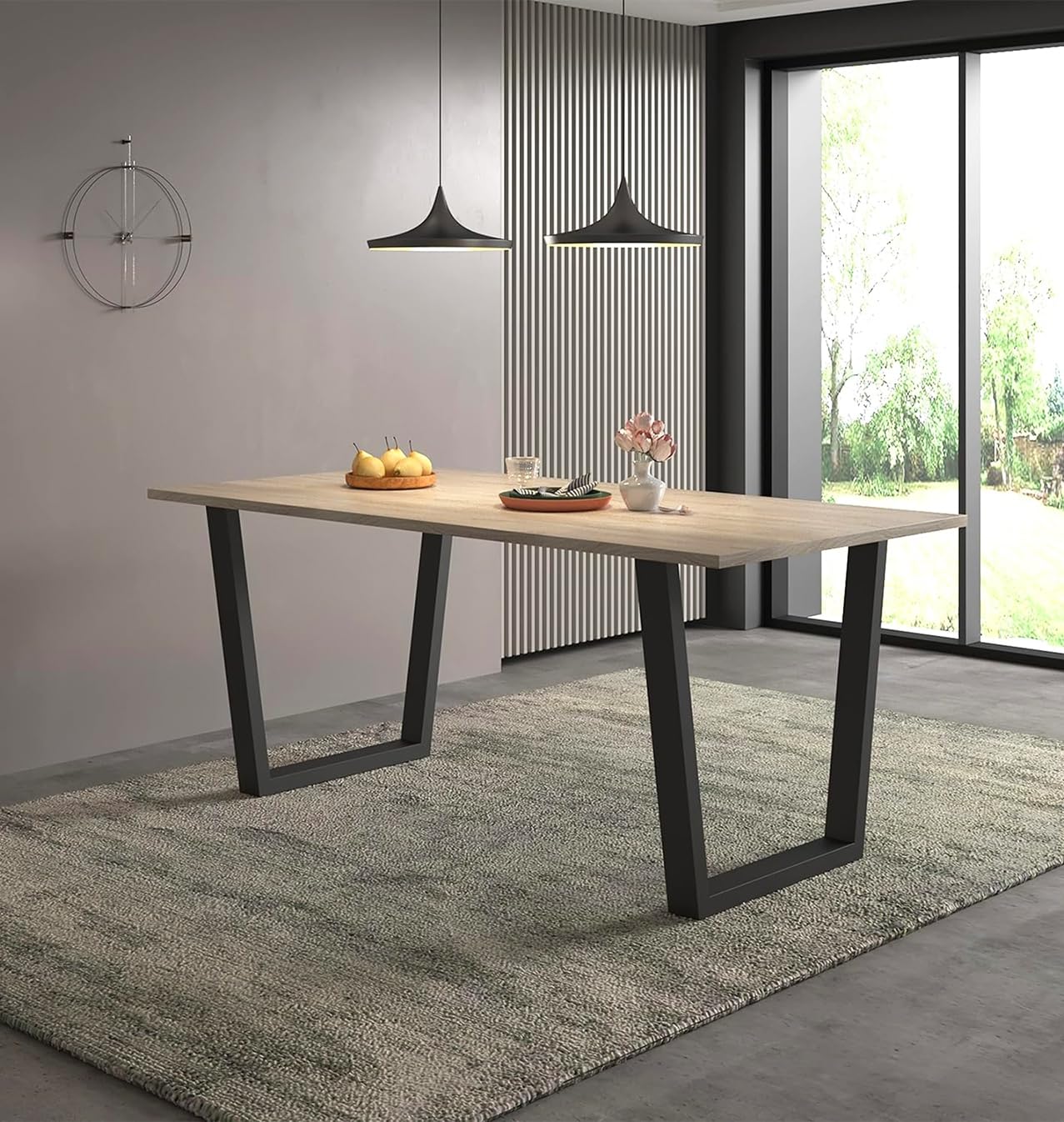 Hallowood Furniture Dudley Large Light Oak Dining Table with Black Legs, Stylish 4-6 Seater 180cm Rectangular Wooden Dining Table with Metal Legs in