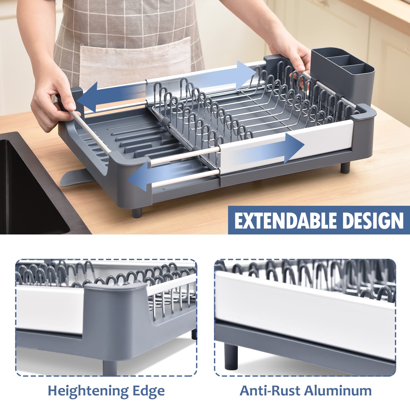 KINGRACK Expandable Dish Drainer Rack, Foldable Dish Rack With Removable Cutlery Holder, Adjustable Dish Drying Rack With Swivel Drainage Spout