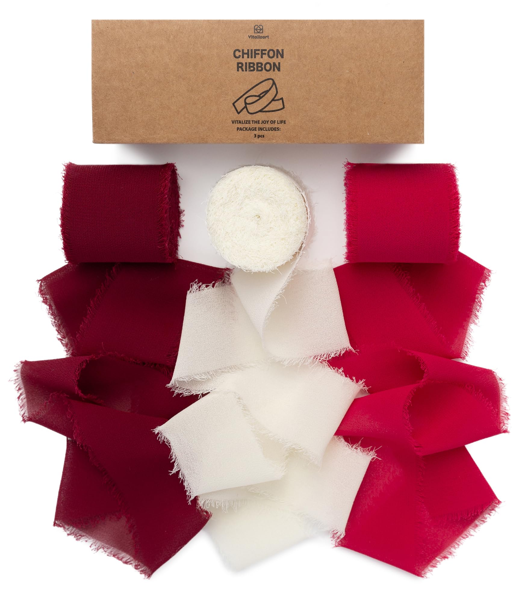 Vitalizart Chiffon Silky Ribbon Red & White Handmade Fringe, 1.5" x 21 Yd Frayed Edges Ribbons for Wedding Invitations Bridal Bouquets Gifts Wrapping
