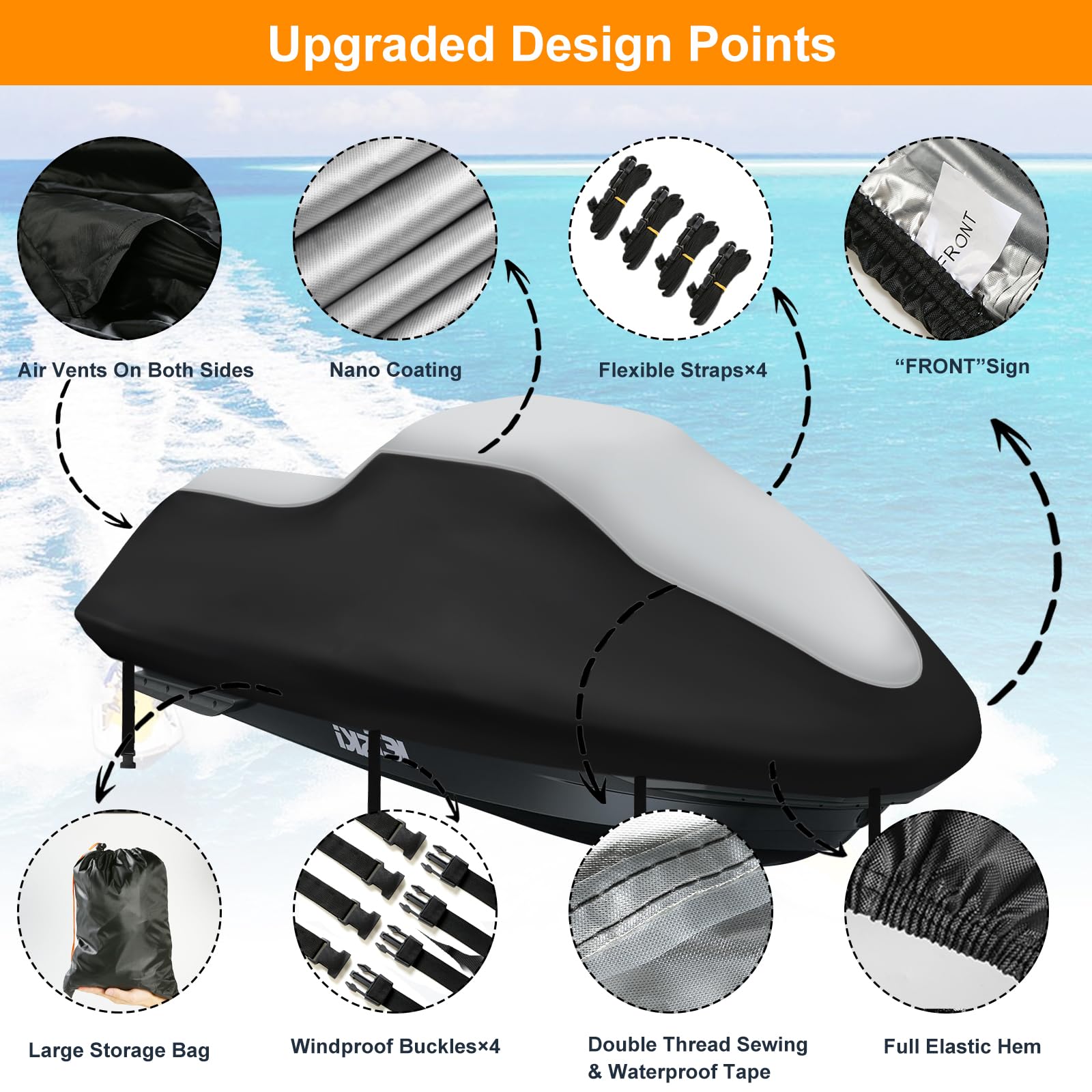 Waterproof Jet Ski Covers,Upgraded 420D Heavy Duty Motorboat Cover,2 Air Vent Marine Grade UV Resistant for Yamaha,Seadoo,Kawasaki,Waverunner Polaris