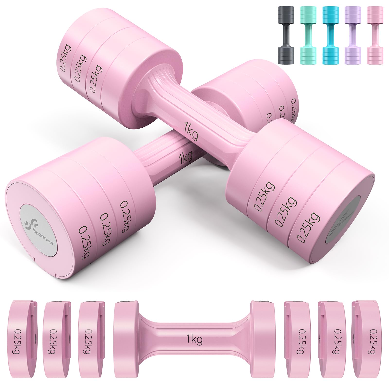 Sportneer Adjustable Dumbbells Set: Each 1kg/1.5kg/2kg/2.5kg (2kg-5kg per Pair), 4-in-1 Dumbbells Set Women, Weights for Women, Adjustable Dumbbell