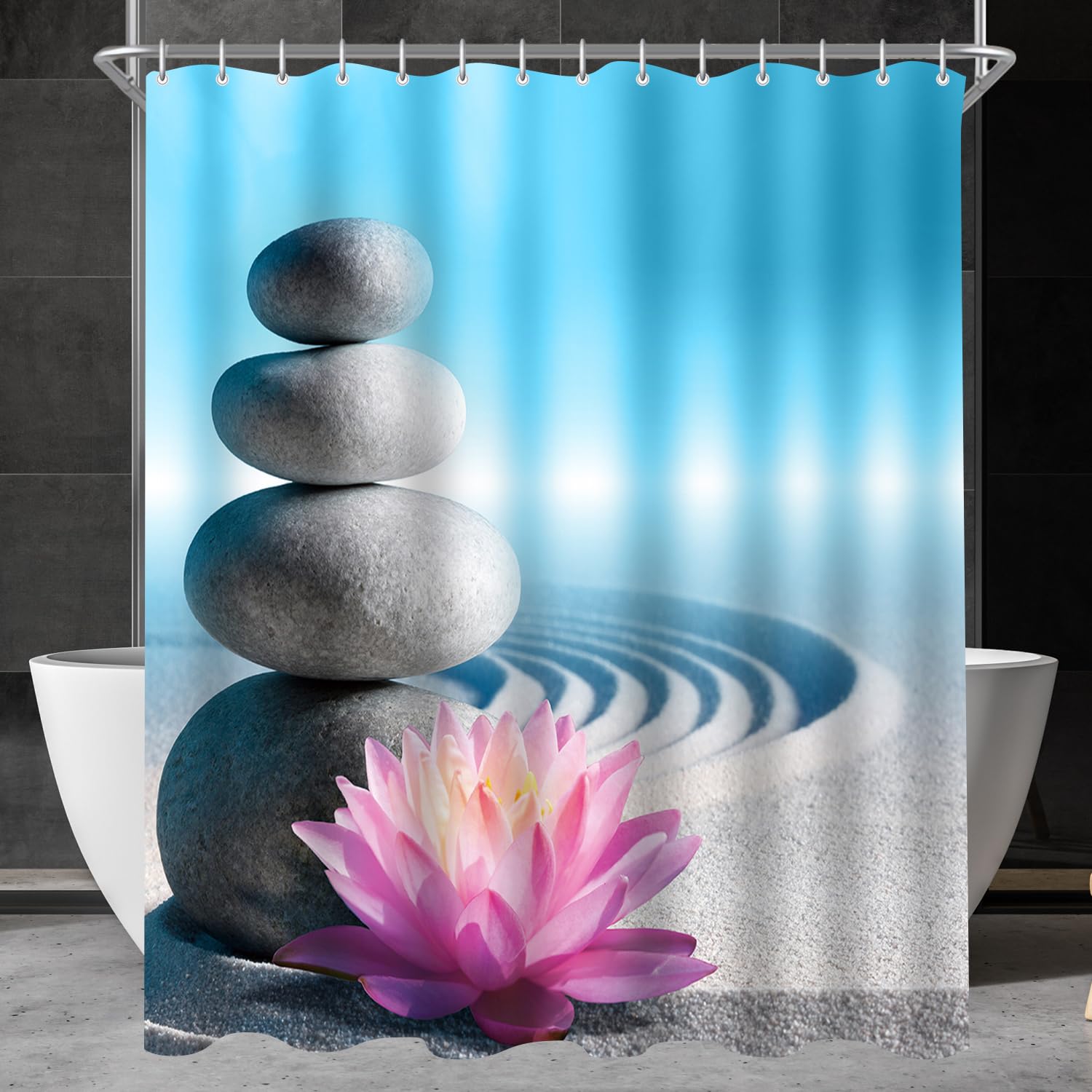 Lerores Shower Curtain 240 x 200 cm, Gravel Desert Anti-Mould Textile, Weighted Hem, Water-Repellent, Washable Polyester Fabric Bath Curtains with 16