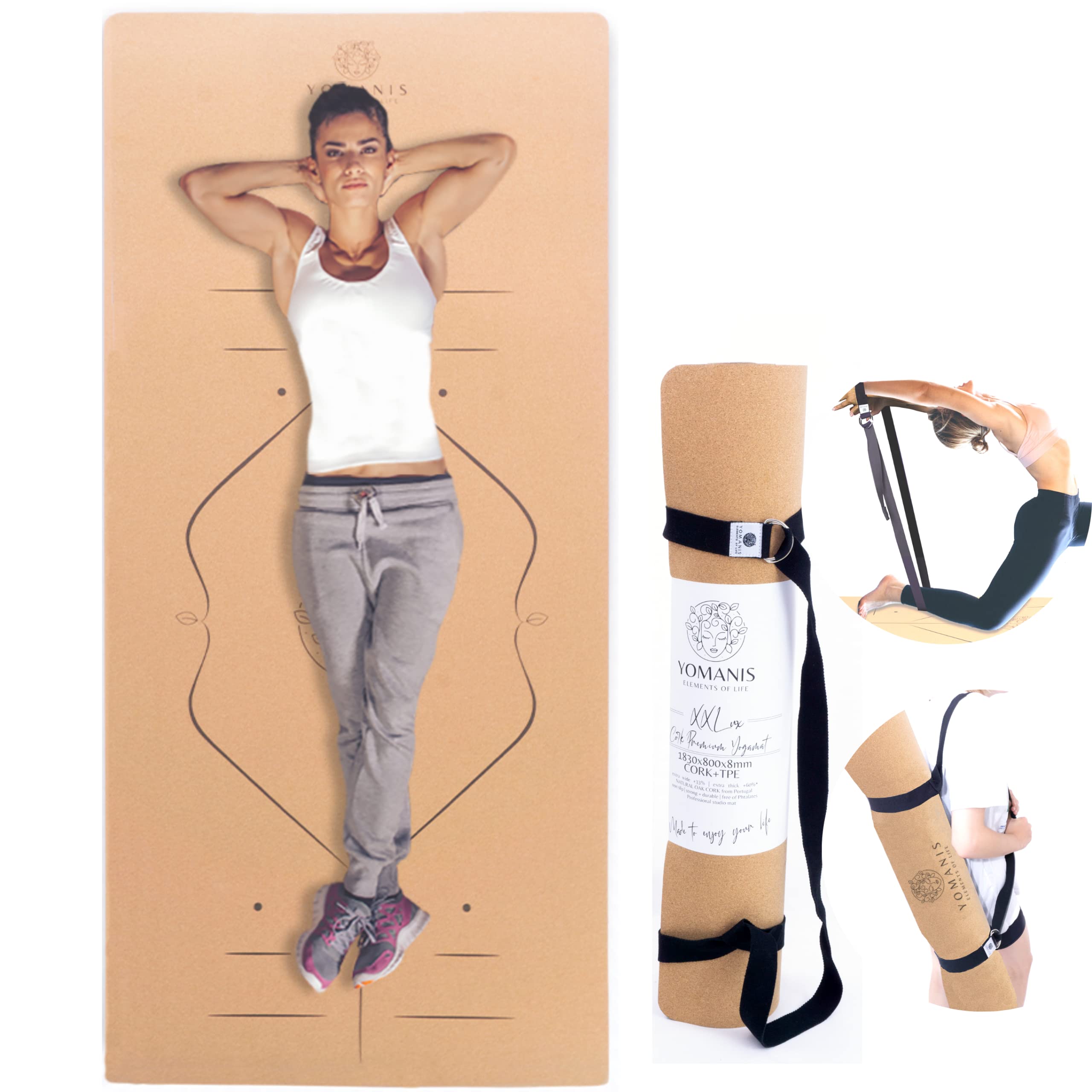 YOMANIS XXLux Cork Yoga Mat Extra 80 cm Wide + 8 mm Thick Non-Slip Good Grip Cork Workout Premium Mat + Cotton Yoga Strap Can also be Used as a Carry
