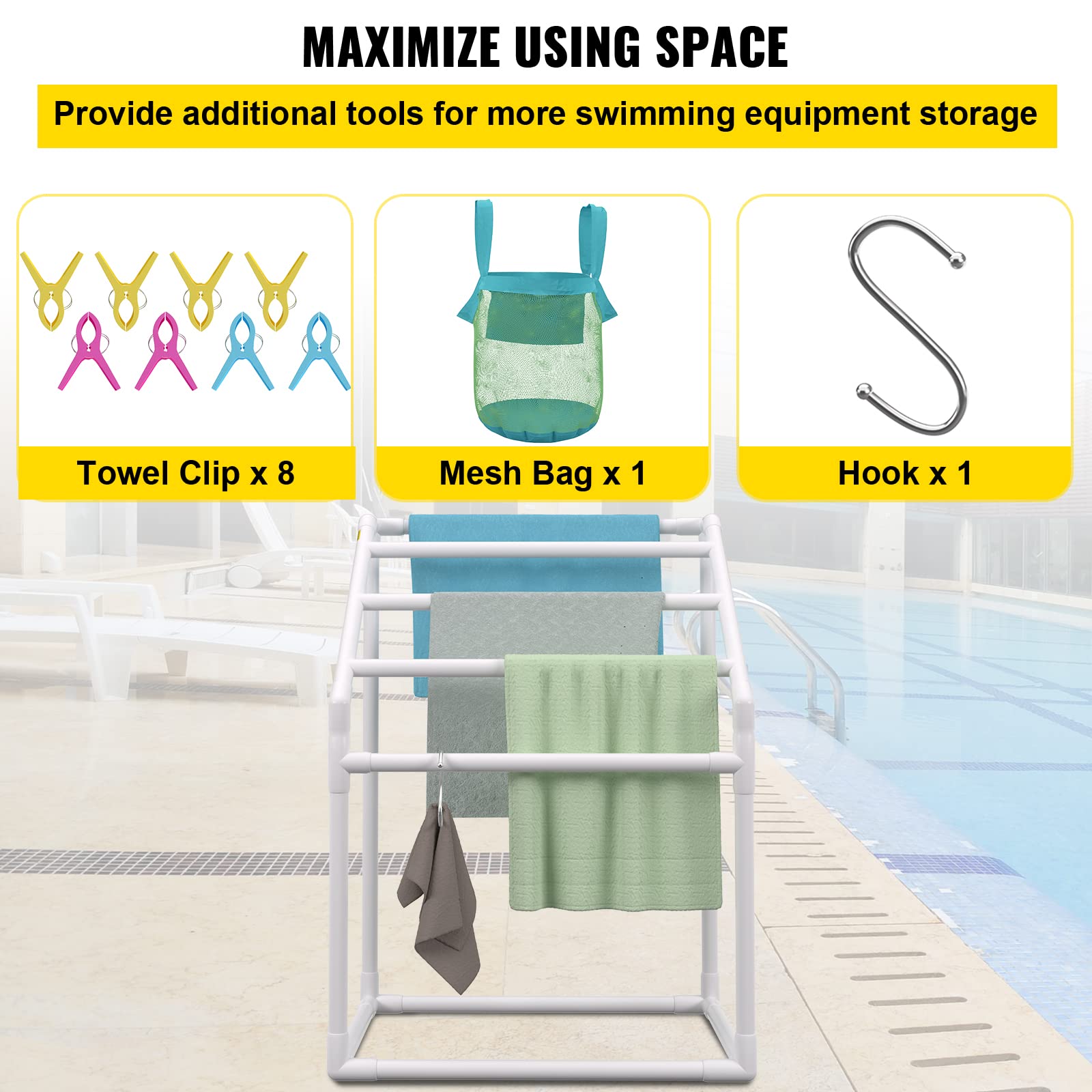 VEVOR Pool Towel Rack, 5 Bar, White, Freestanding Outdoor PVC Trapedozal Poolside Storage Organizer, Include 8 Towel Clips, Mesh Bag, Hook, Also