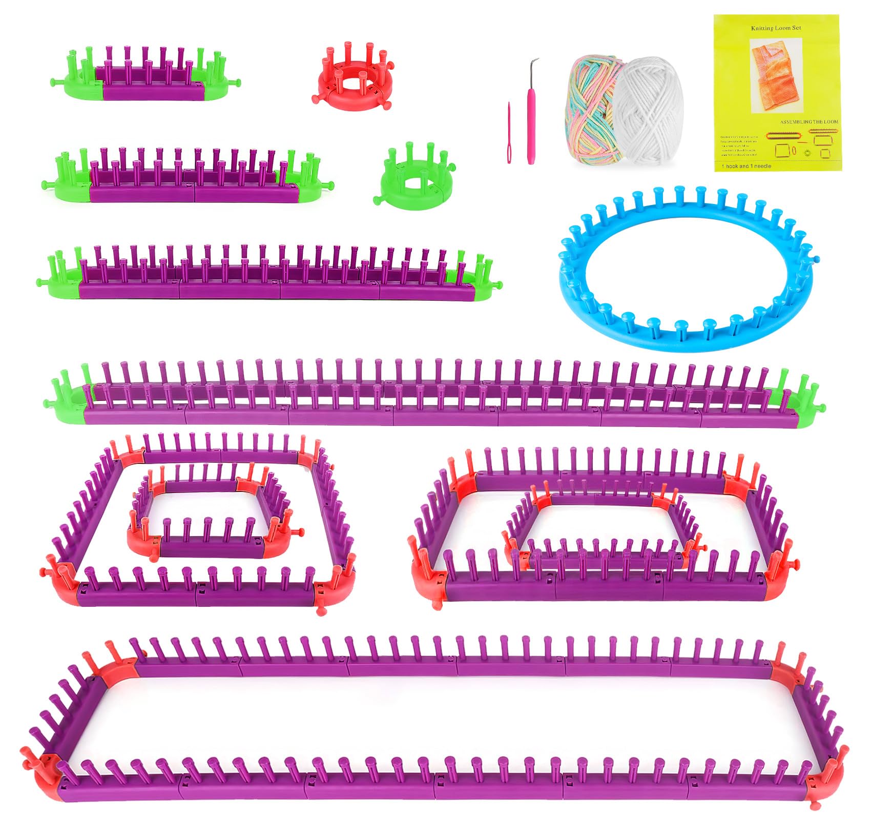 ilauke Knitting Looms Set, Including 1 Purple Plastic Removable Loom Frame and 1 Blue Round Non-Removable Loom Frame with 3 Crochet Hooks, 2 Yarn