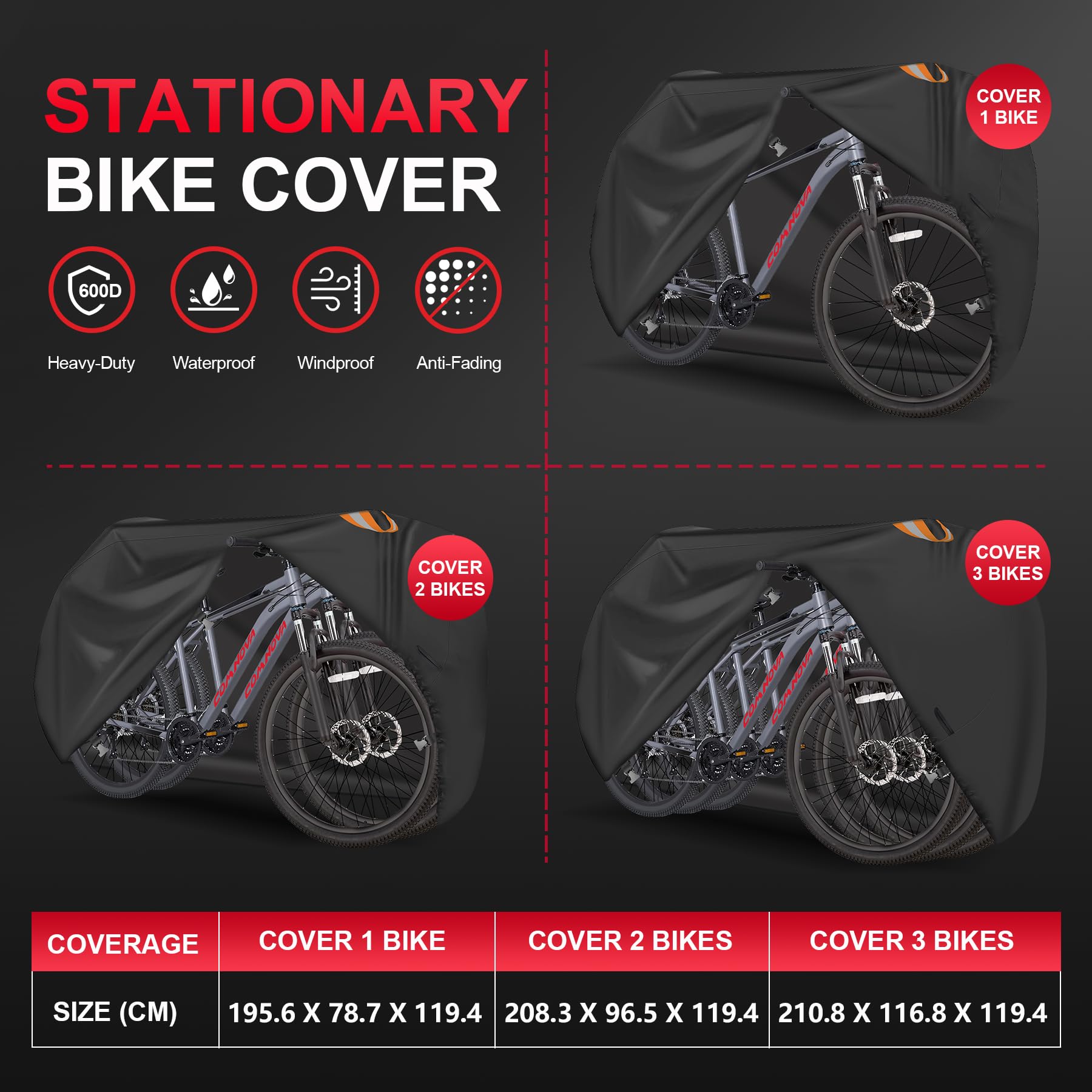 Zettum Bike Cover for 2 Bikes - Stationary Bike Covers for Outside Storage Waterproof Outdoor & Heavy Duty, 600D PU Coating Bicycle Covers for 2 Bikes