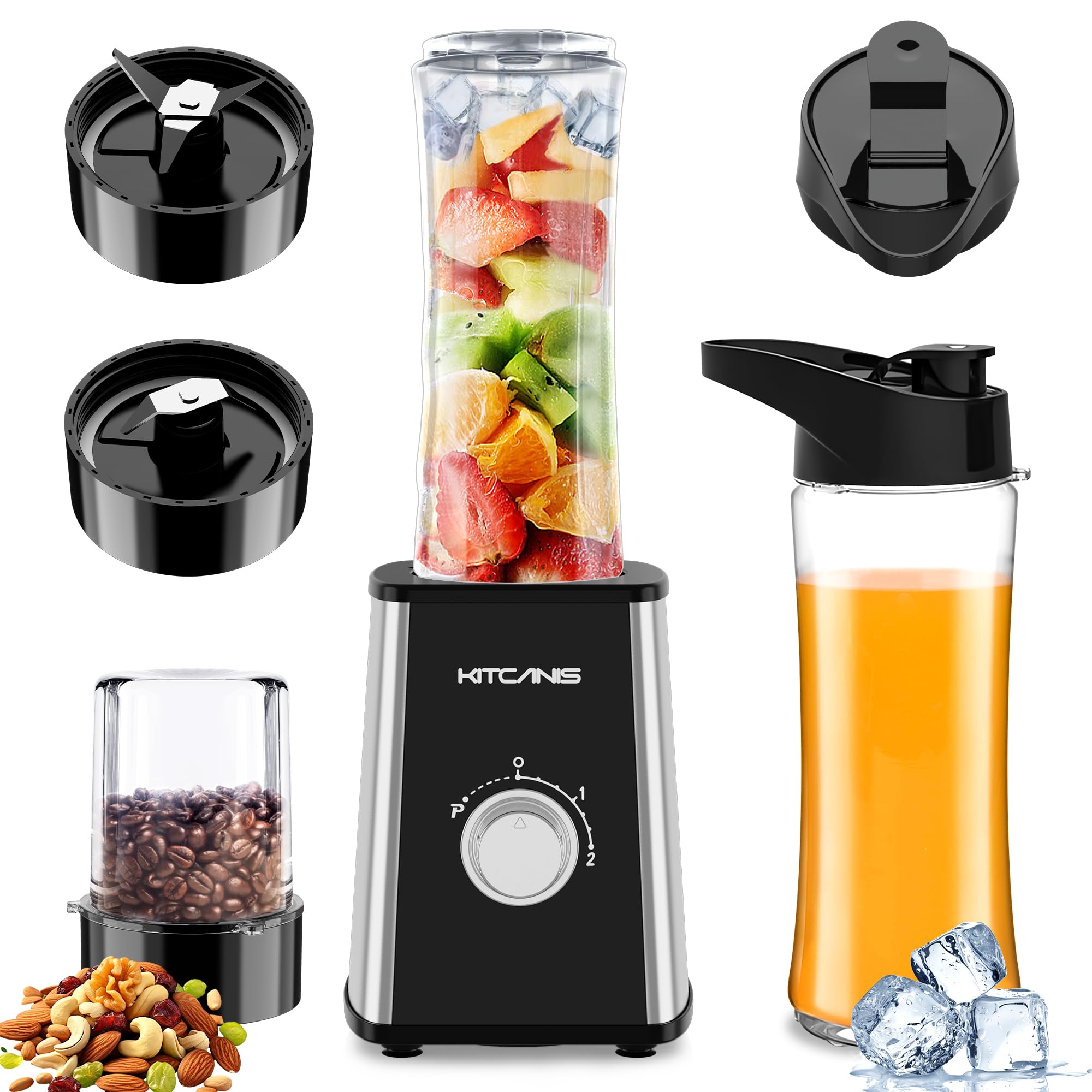 KITCANIS Mixer Smoothie Maker 800W, 3 in 1 Multifunctional Smoothie Blender with 3 Adjustable Speeds, 600ML Portable Bottle and 300ML Grinding Cup for