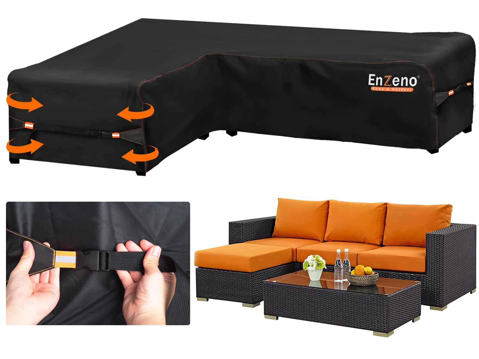 Enzeno Garden L-Shape Furniture Cover Waterproof, 420D Heavy Duty Oxford Fabric Outdoor Rattan Corner Sofa Cover with Waterproof Tape (222 * 286 *
