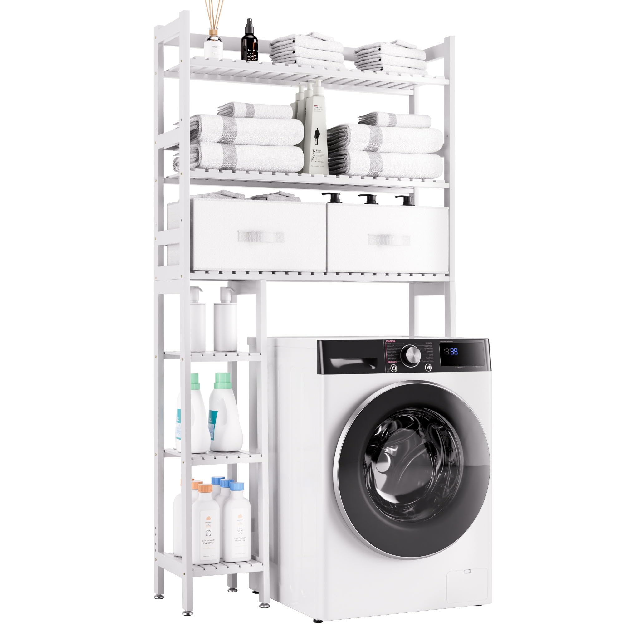 SMIBUY Over The Toilet Storage with Drawers, Large Bathroom Space Saver Organizer Rack, Freestanding Behind Toilet Stand with 6-Tier Shelf and