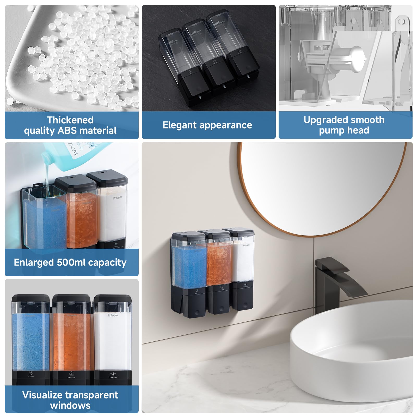 Shampoo and Conditioner Dispenser Wall Mounted, Shower Soap Dispenser No Drill Upadate Easy Slot Install, Shampoo Dispenser for Shower Bathroom Large