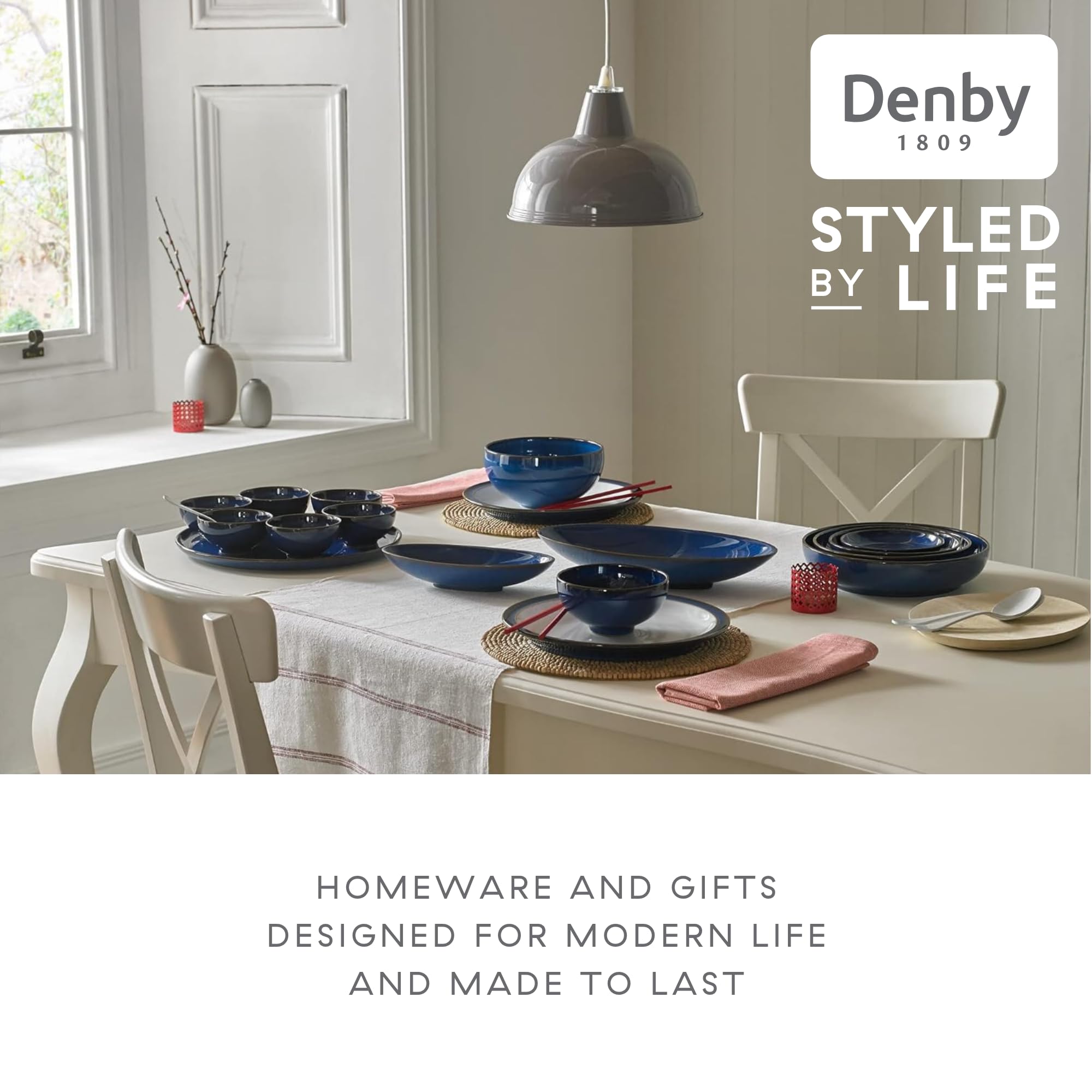 Denby - Imperial Blue Rice Bowls Set of 4 - Dishwasher Microwave Safe Crockery 480ml 13cm - Royal Blue Ceramic Stoneware Tableware - Chip & Crack
