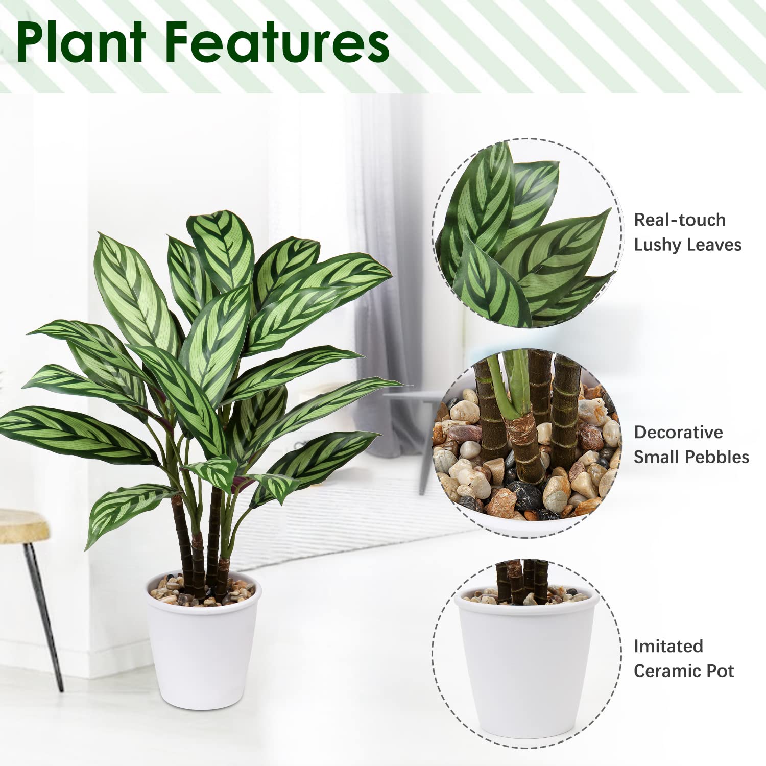 Briful 24.8" Tall Artificial Plants 63CM Large Artificial Calathea Majestica Exotica Fake Plants House Plant Large Artificial Plants Indoors in Pots