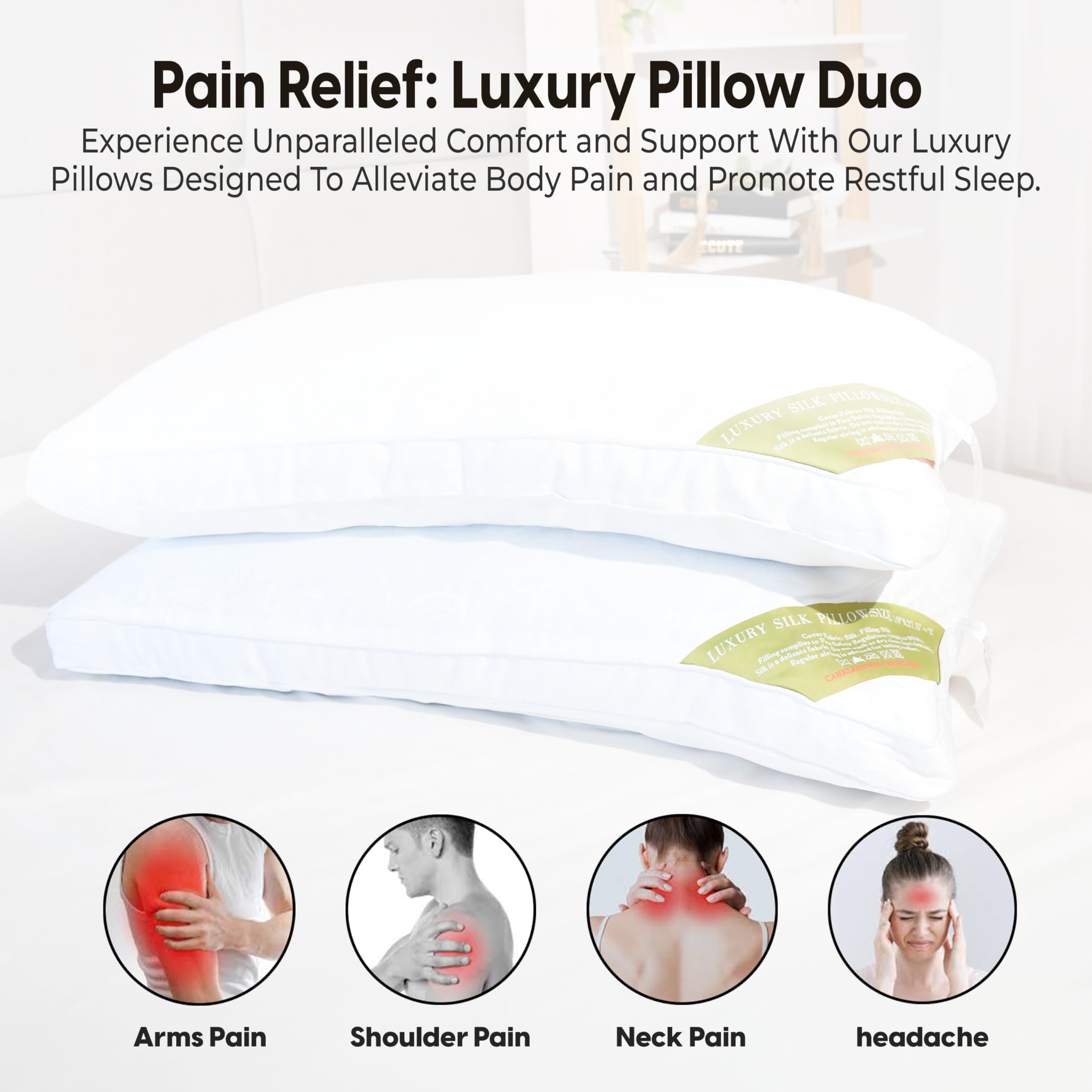LuxBedCo Luxury Pillows 2 Pack - Soft Mulberry Silk Pillow Set for Head & Neck Support - Comfortable & Breathable 1000g Hotel Pillows for Better Sleep