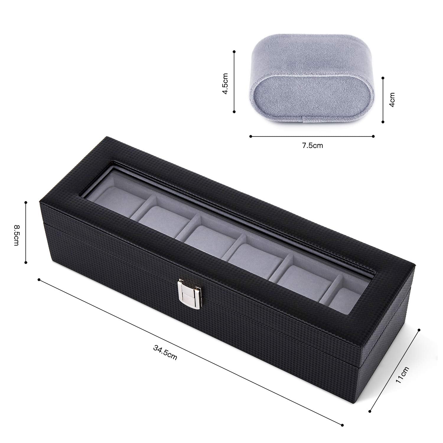 Mondeer Watch Box, Watch Display Organizer, Watch Storage with Glass Lid, Grey Velvet Lining, Lockable with Silver Metal Clasp, 6 Slots,