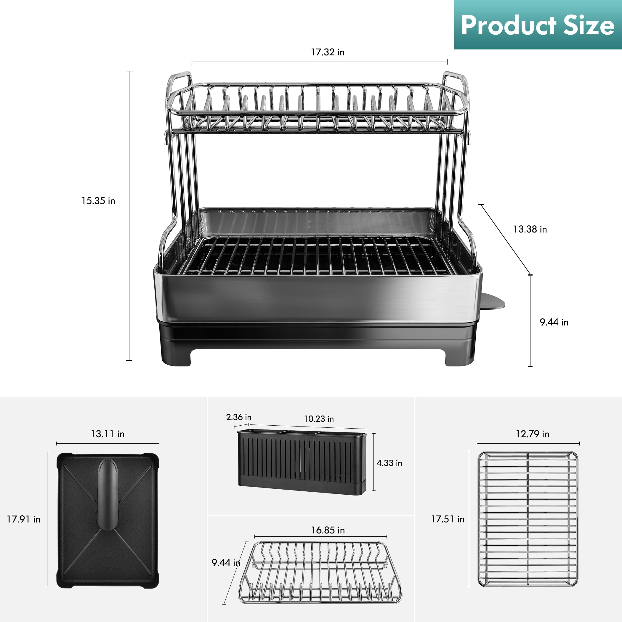 romision 2 Tier Dish Drying Rack, Large Dish Rack with 360 Swivel Spout, 304 Stainless Steel Dish Drainer Rack, Draining Board Rack for Kitchen