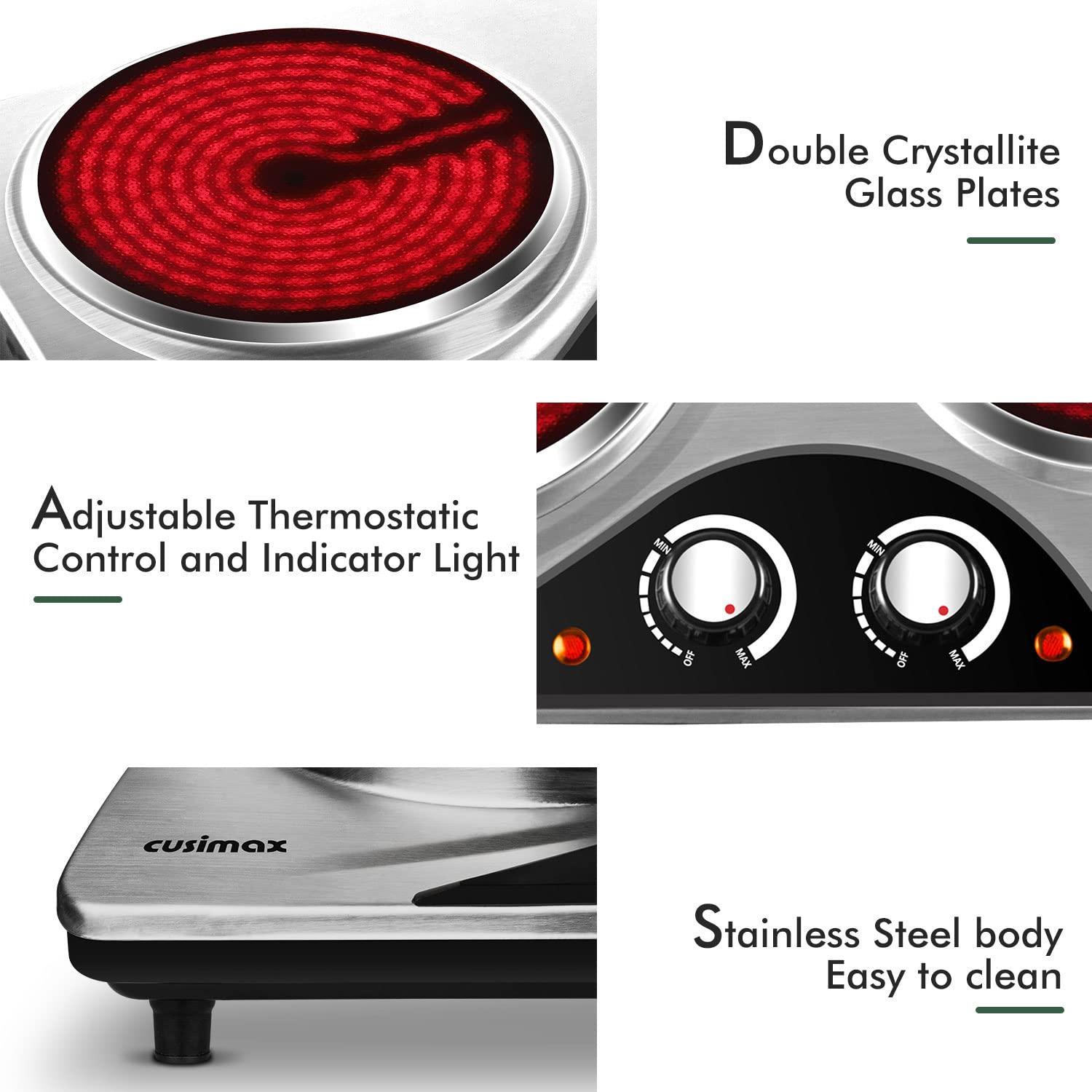 CUSIMAX Hot Plate, Double Infrared Hot Plates for cooking, 2100W Electric Hob Portable Cooktop with Dual Temperature Control & Overheat Protection,