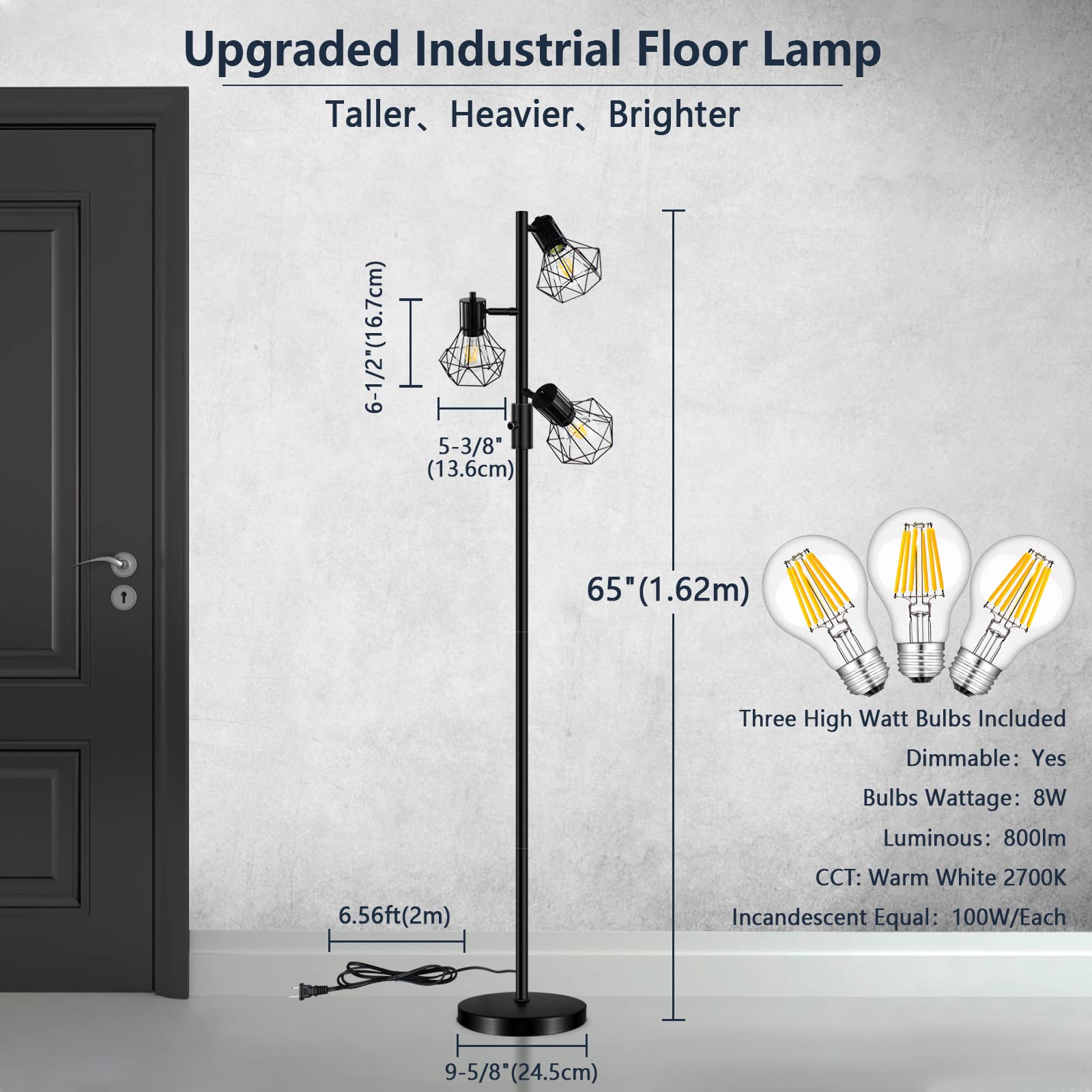 HiBay Stepless Dimmable Industrial LED Floor Lamp, 3-Light Adjustable Farmhouse Floor Lamps with 3 x 8W 800LM Bulbs, Rustic Standing Tree Light Room