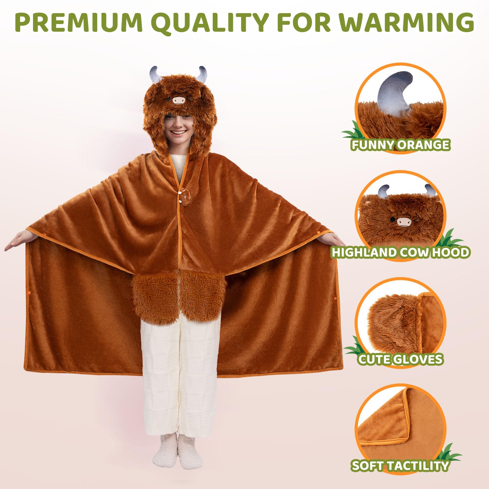 Mewaii Oversized Wearable Blanket Hoodie Kawaii Highland Cow Hooded Cloak, Soft Plush Flannel Blanket Hoodie, Unisex Cozy Blanket as Birthday Gifts