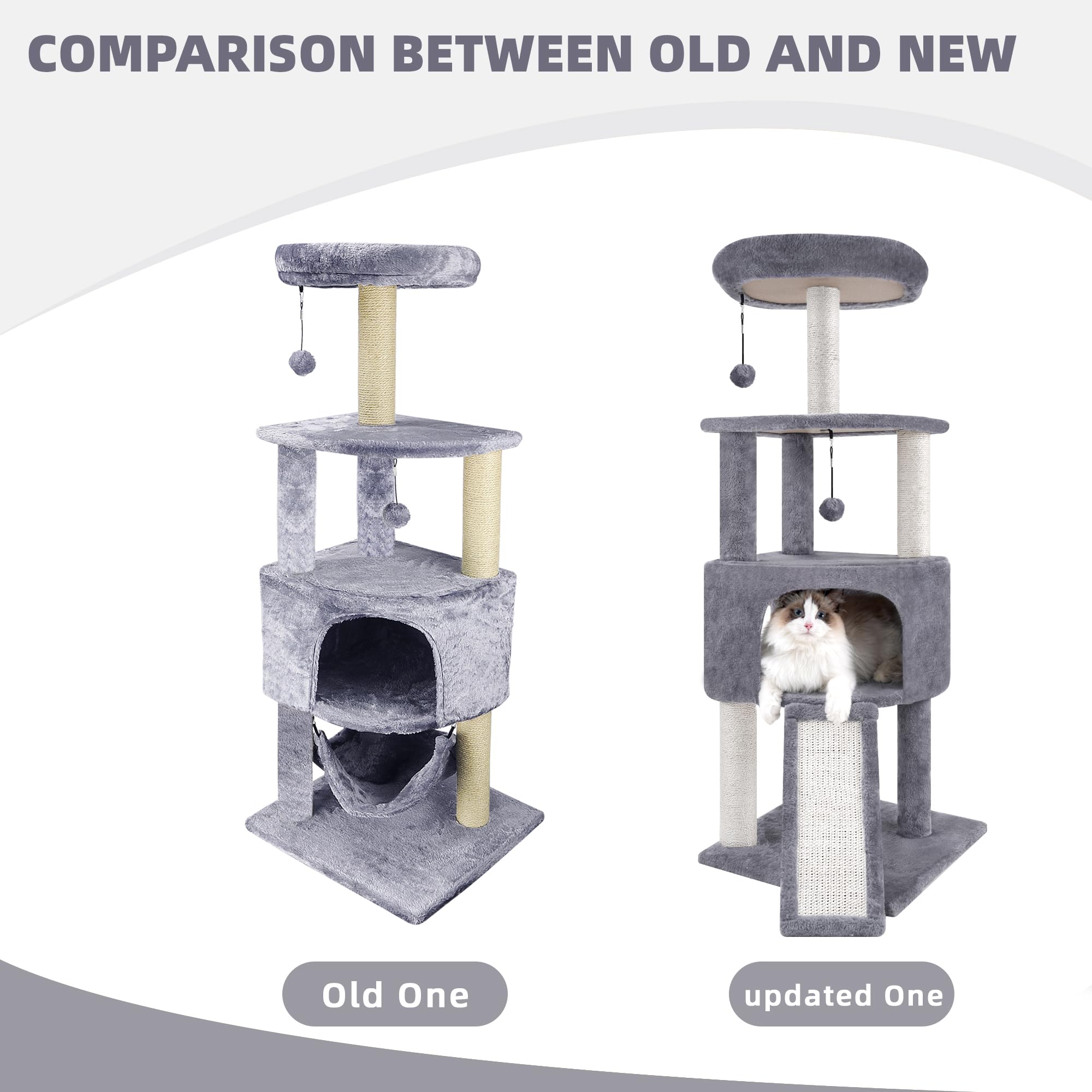 TWDEPART Cat Tree Tower with Scratching Posts & Condo, Climbing Activity Centre with Hanging Balls, Grey