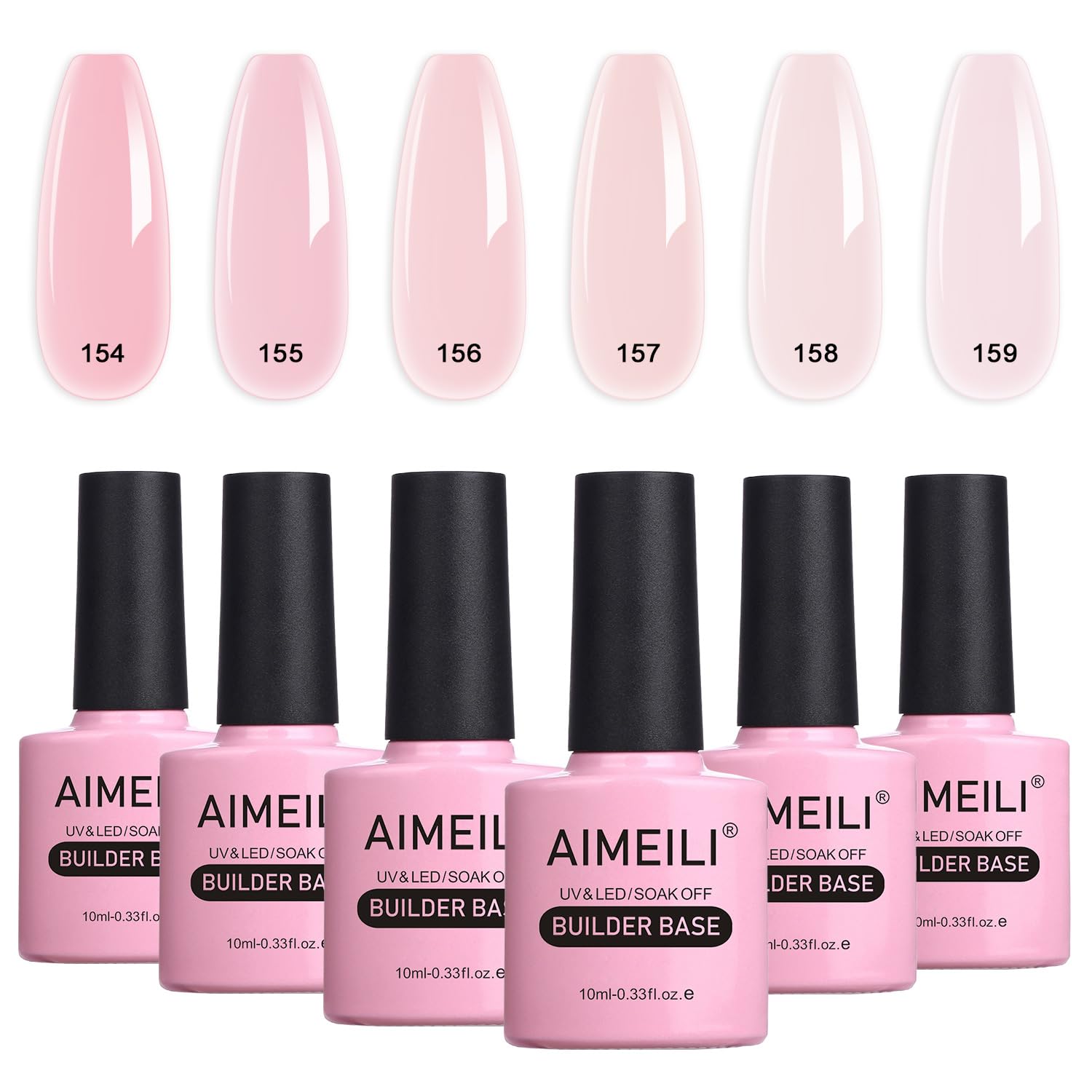 AIMEILI 8 in 1 Builder Base Sheer Color Gel Set, Nude Pink No Need Slip Solution Builder Extension, Soak Off UV LED Gel Polish Multicolour Of 6pcs X