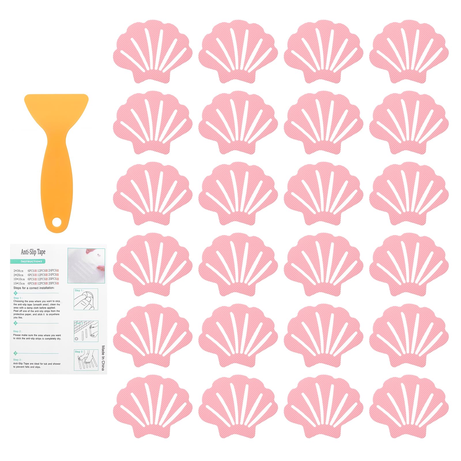 sourcing map 24Pcs Non-Slip Bathtub Stickers, 9x7 cm Shell Shape Shower Floor Non Slip Stickers with Scraper for Bathroom Shower Stairs Ladders, Pink