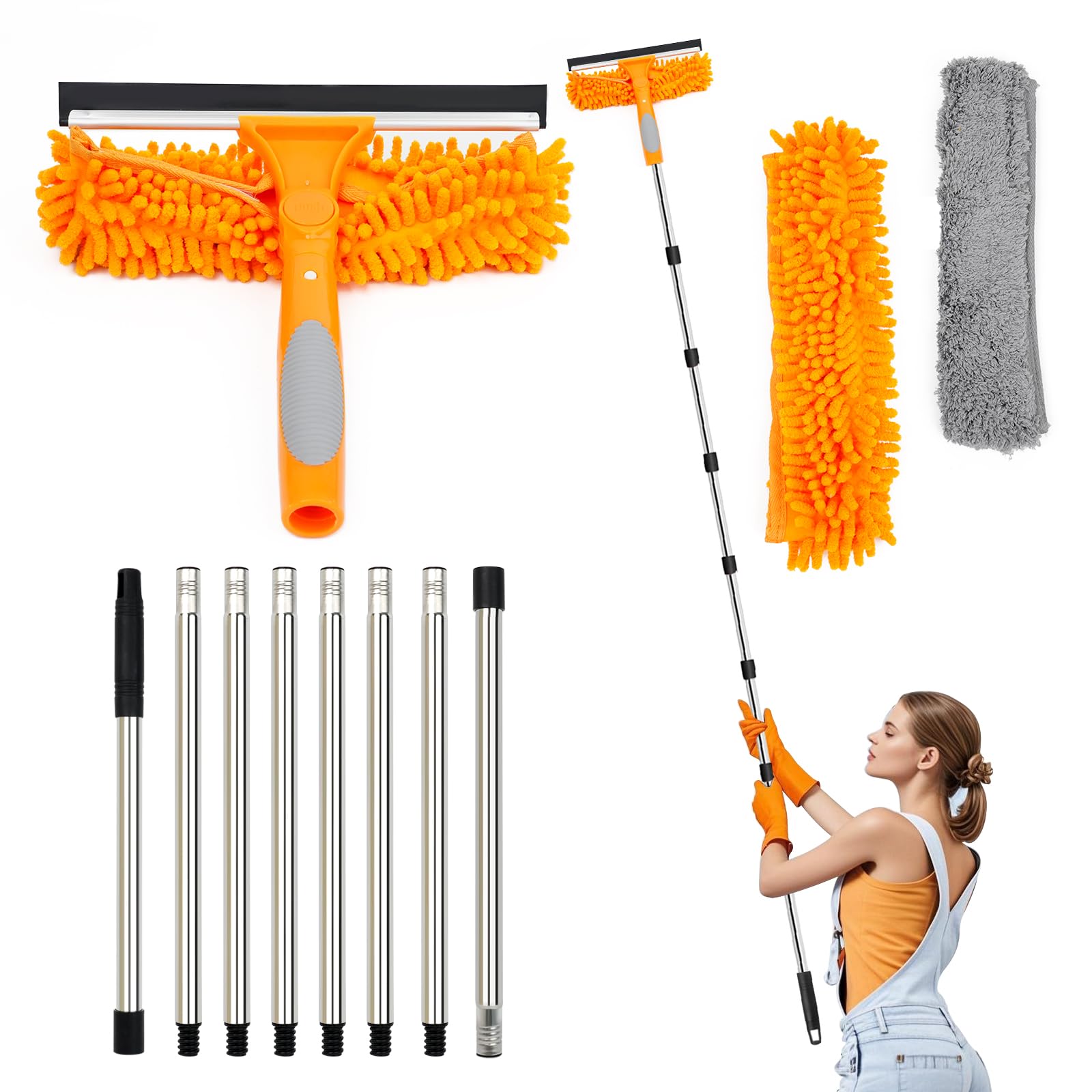 Lapluied 4M/157" Long Reach Window Cleaning Equipment, 3 in 1 Telescopic Window Cleaner, 270? Rotating Squeegee Window Cleaning Kit with 10 Extendable