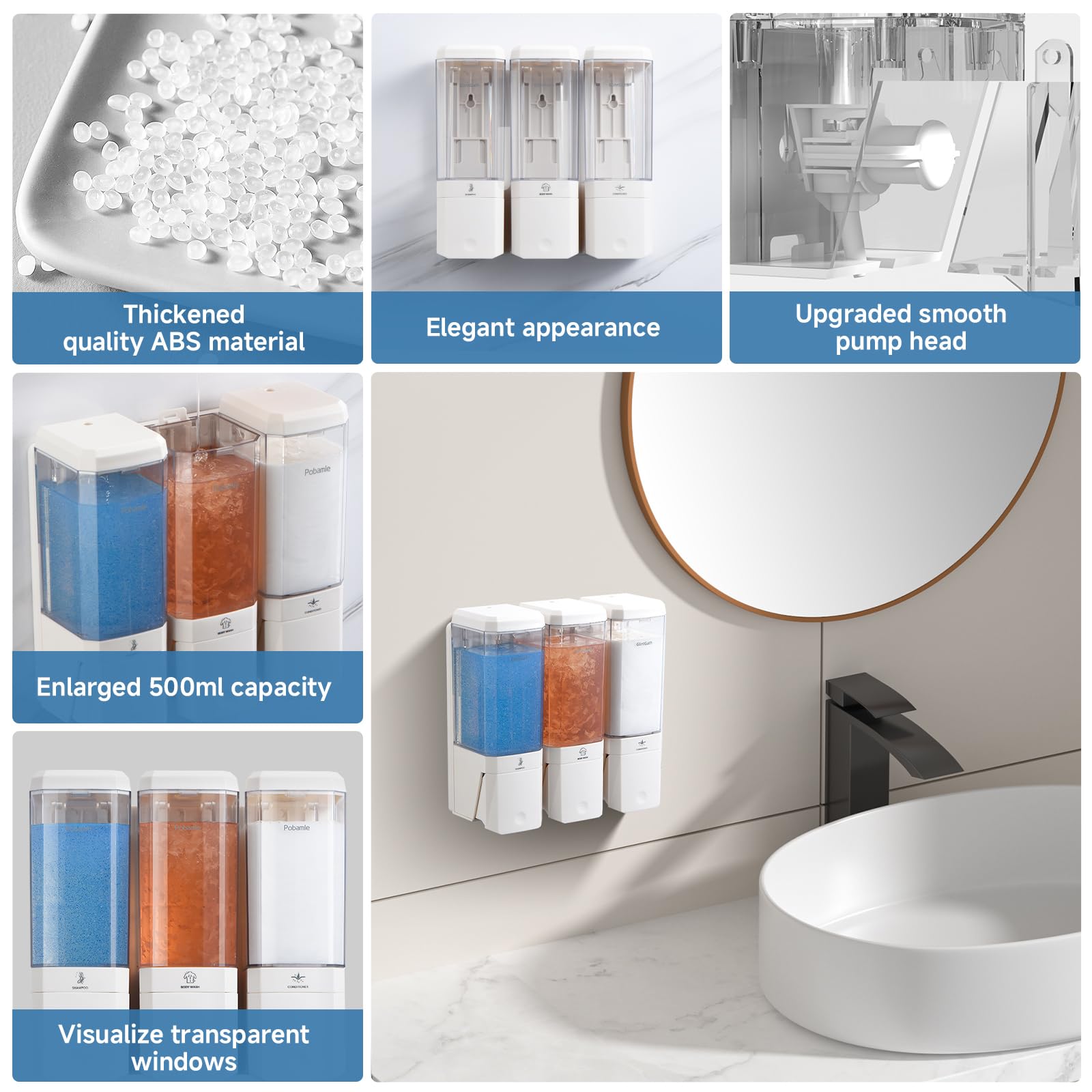 Shampoo and Conditioner Dispenser Wall Mounted, Shower Soap Dispenser No Drill Upadate Easy Slot Install, Shampoo Dispenser for Shower Bathroom Large