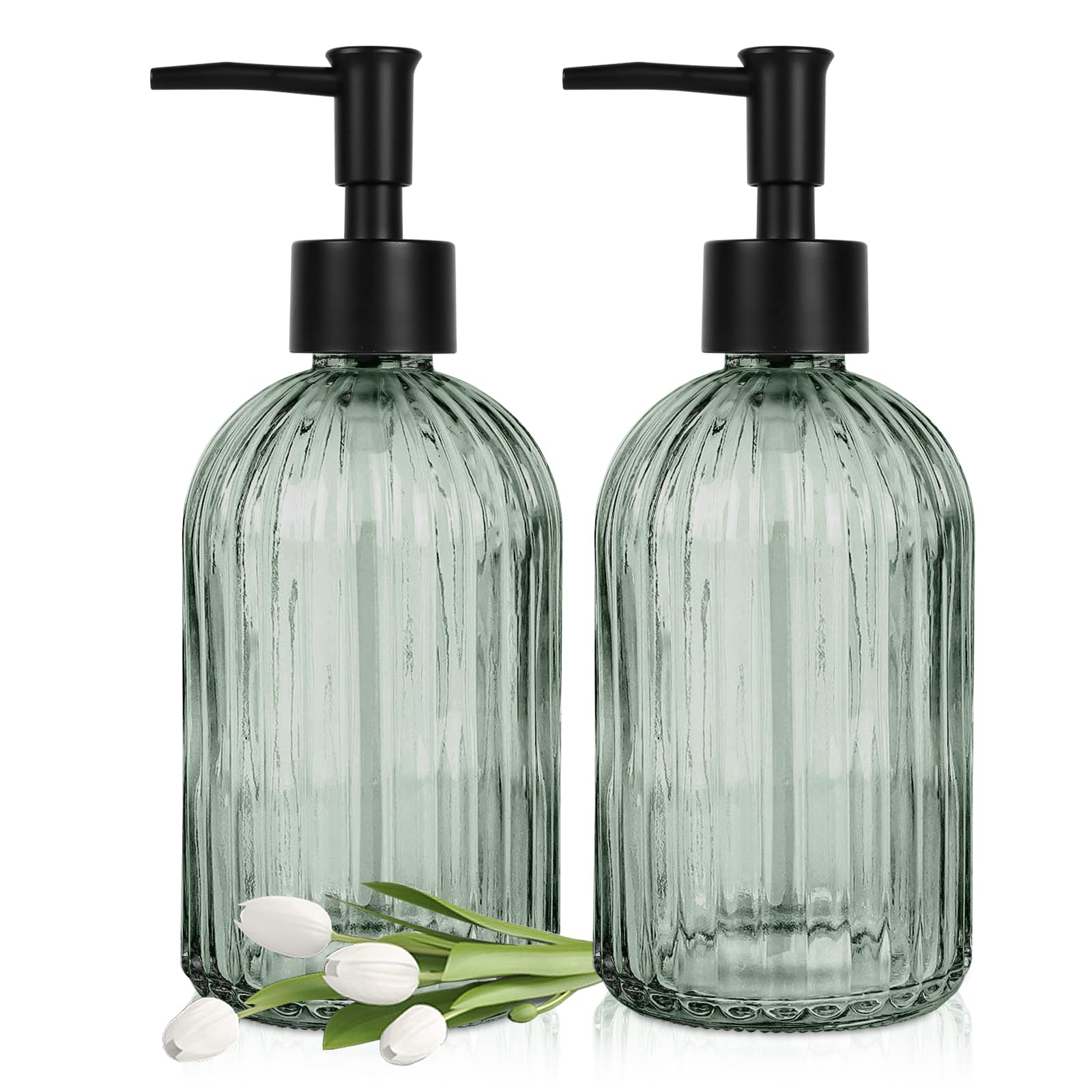 2 Pcs Glass Soap Dispenser with Pump, 13.5 Oz/400 ml Clear Liquid Dispenser, BPA Free Refillable Green Bottle Non-slip for Shampoo, Shower Gel in