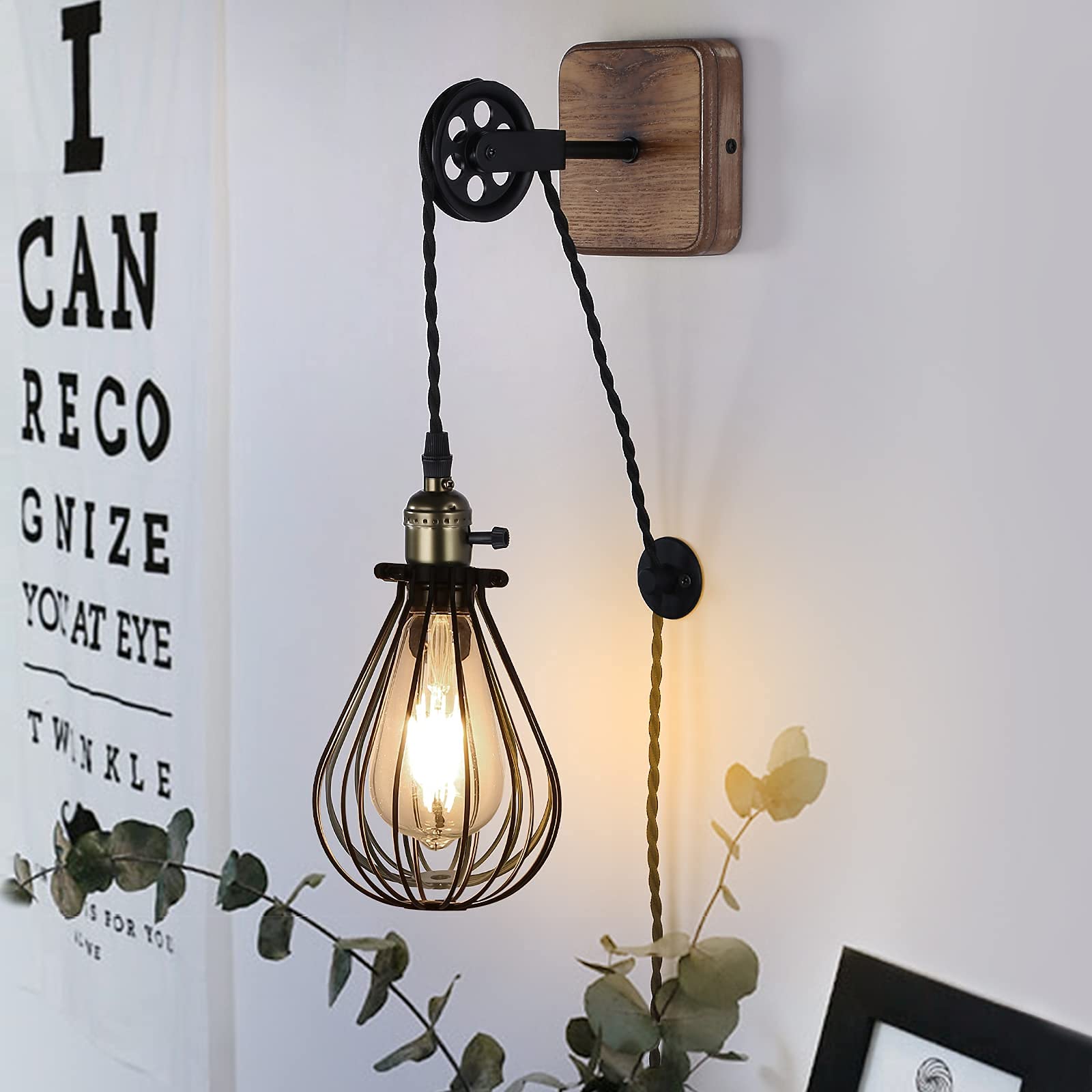 SUNLLOK Modern Industrial Rustic Plug in Cage Wall Lamp - Vintage Lift Pipe Pulley Wall Light with Switch - Retro Pendant Lamp Adjustable Wall Sconce
