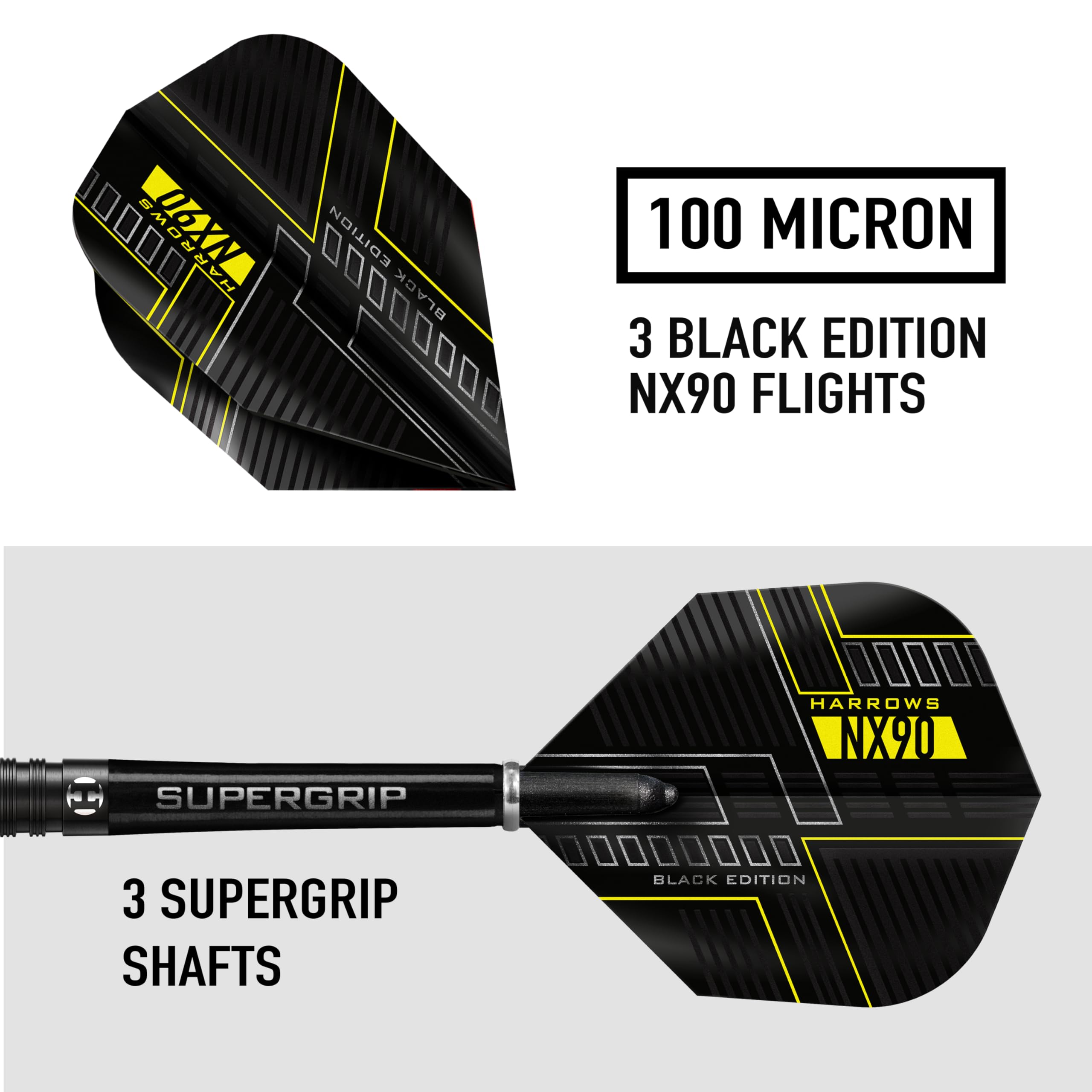 Harrows NX90 BLACK EDITION 90% Tungsten Steel Tip Darts Set 21g, 22g, 23g, 24g, 25g & 26g - Includes Black Supergrip Midi Shafts & Micron NX90